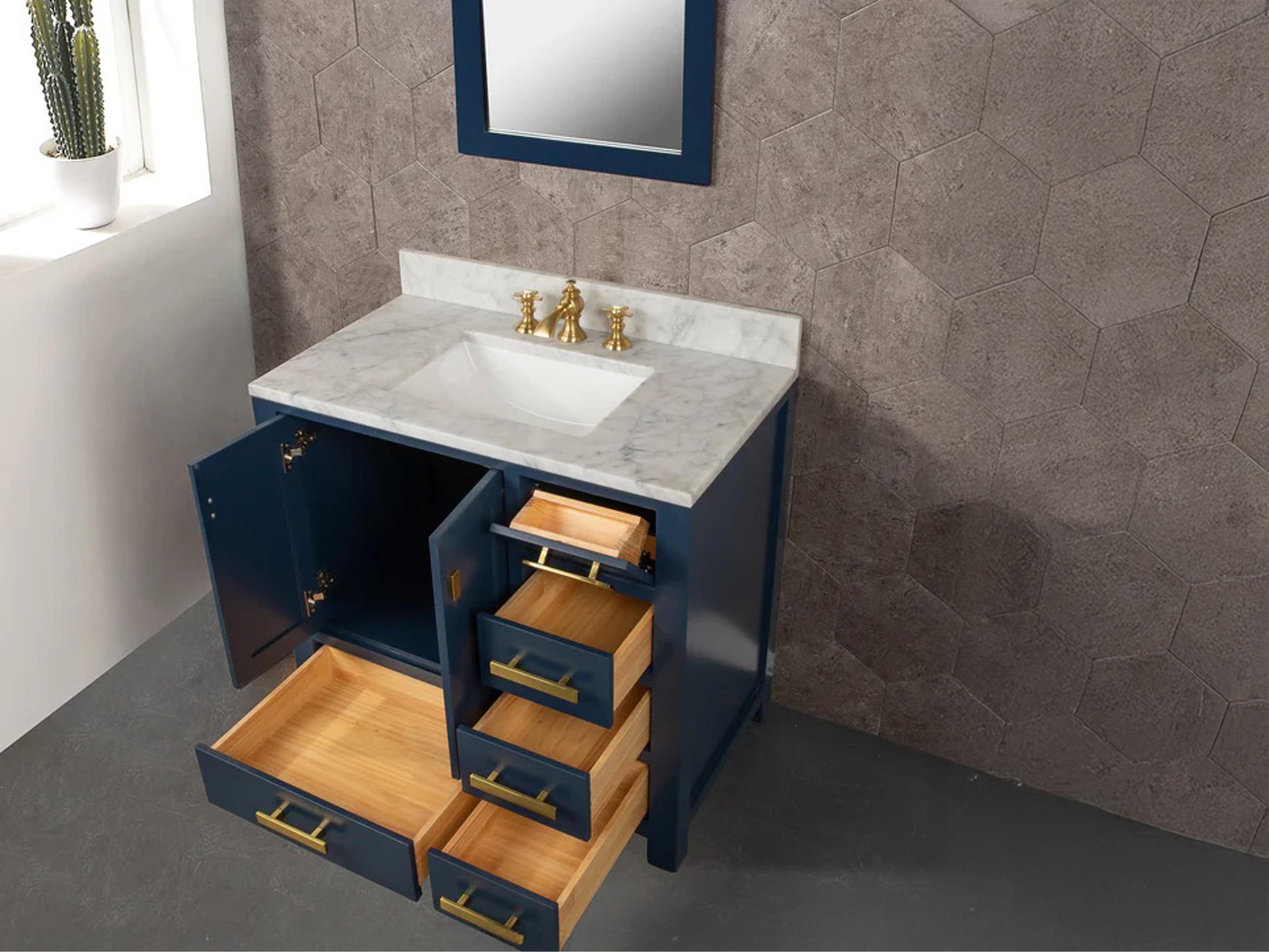 Water Creation Madison Single Sink Carrara White Marble Countertop Bath Vanity In Monarch Blue with Satin Gold Hardware and Hook Faucet