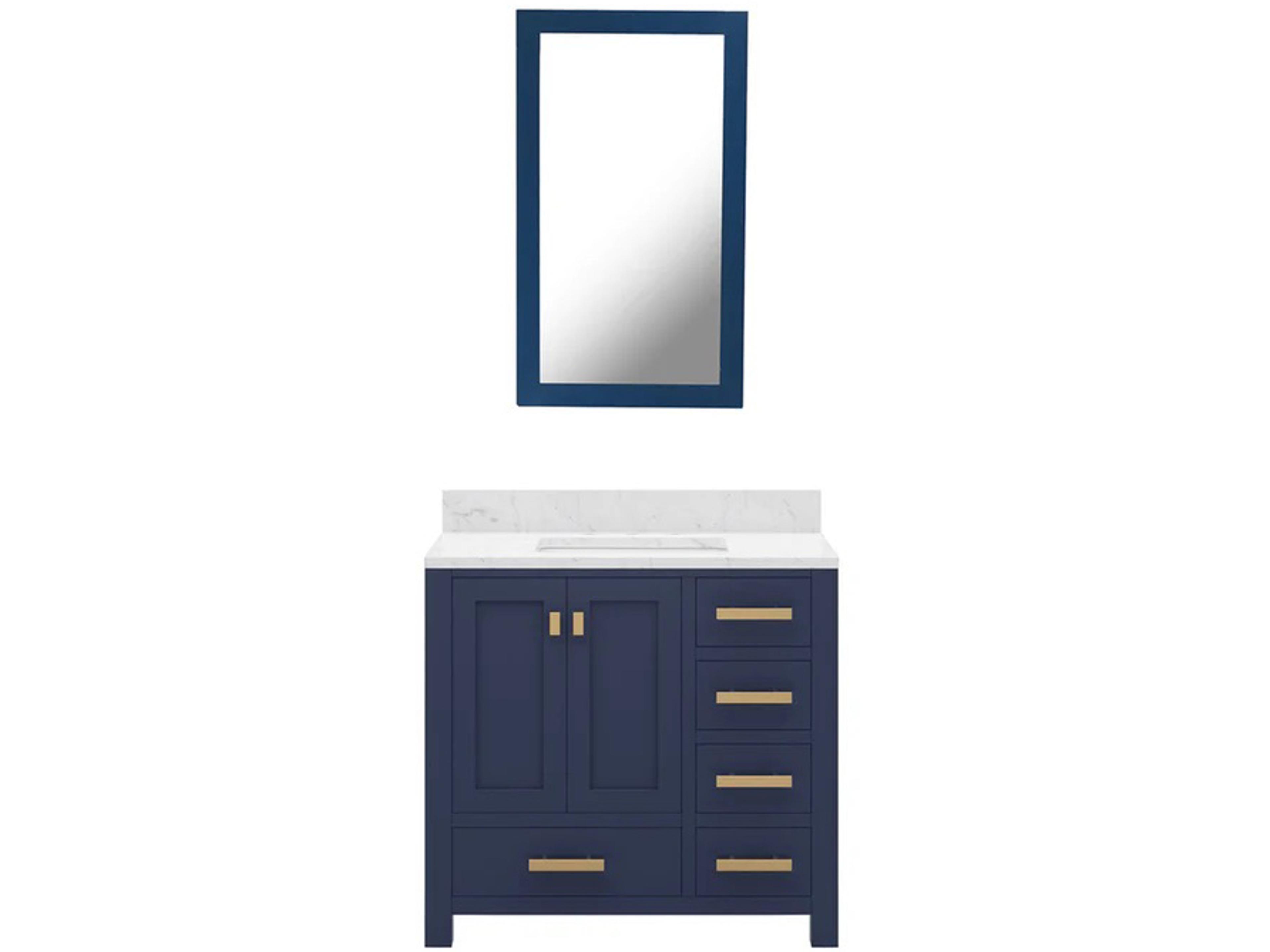 Water Creation Madison Single Sink Carrara White Marble Countertop Bath Vanity In Monarch Blue with Satin Gold Hardware and Rectangular Mirror (S)