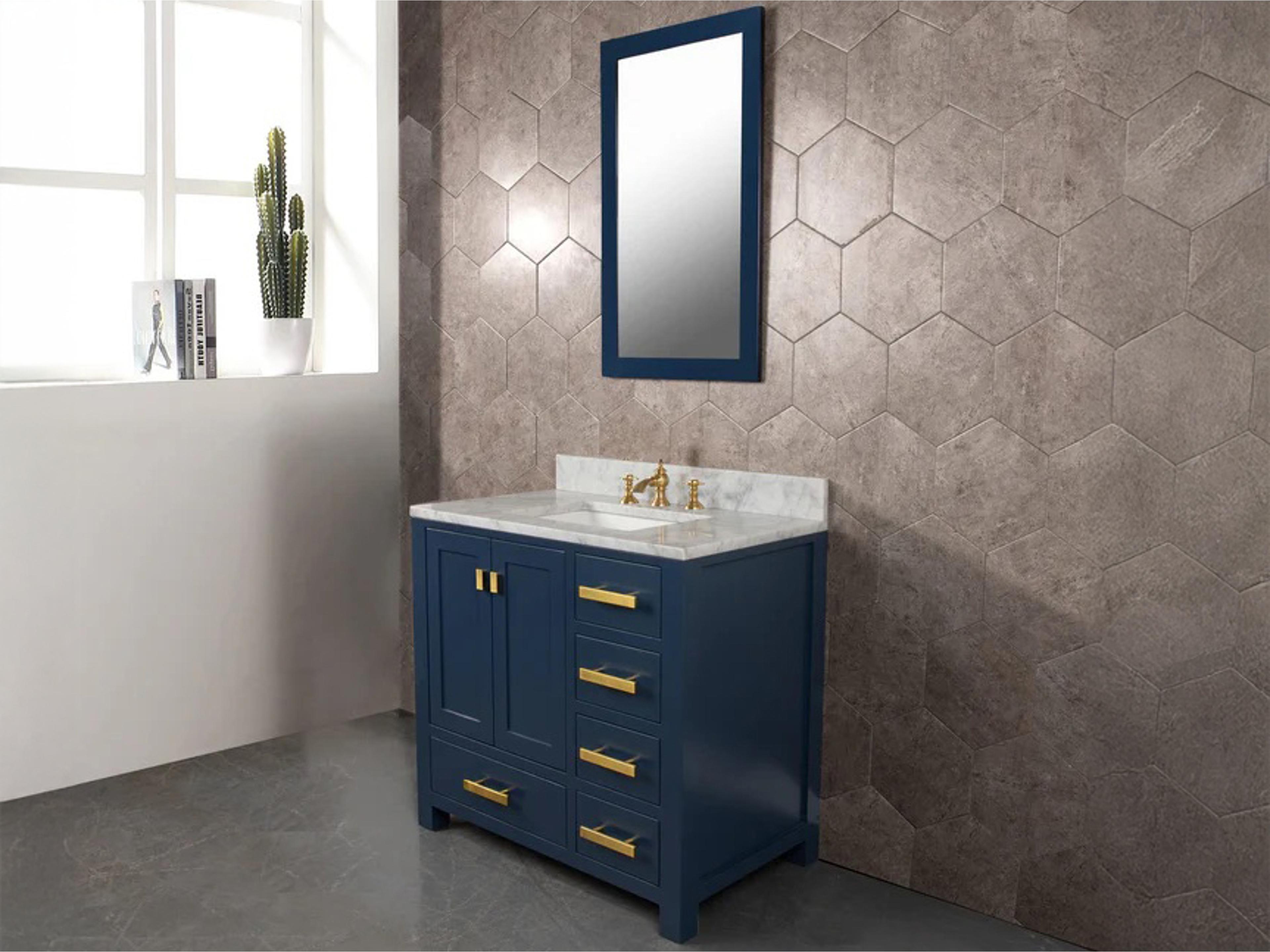 Water Creation Madison Single Sink Carrara White Marble Countertop Bath Vanity In Monarch Blue with Satin Gold Hardware and Rectangular Mirror (S)