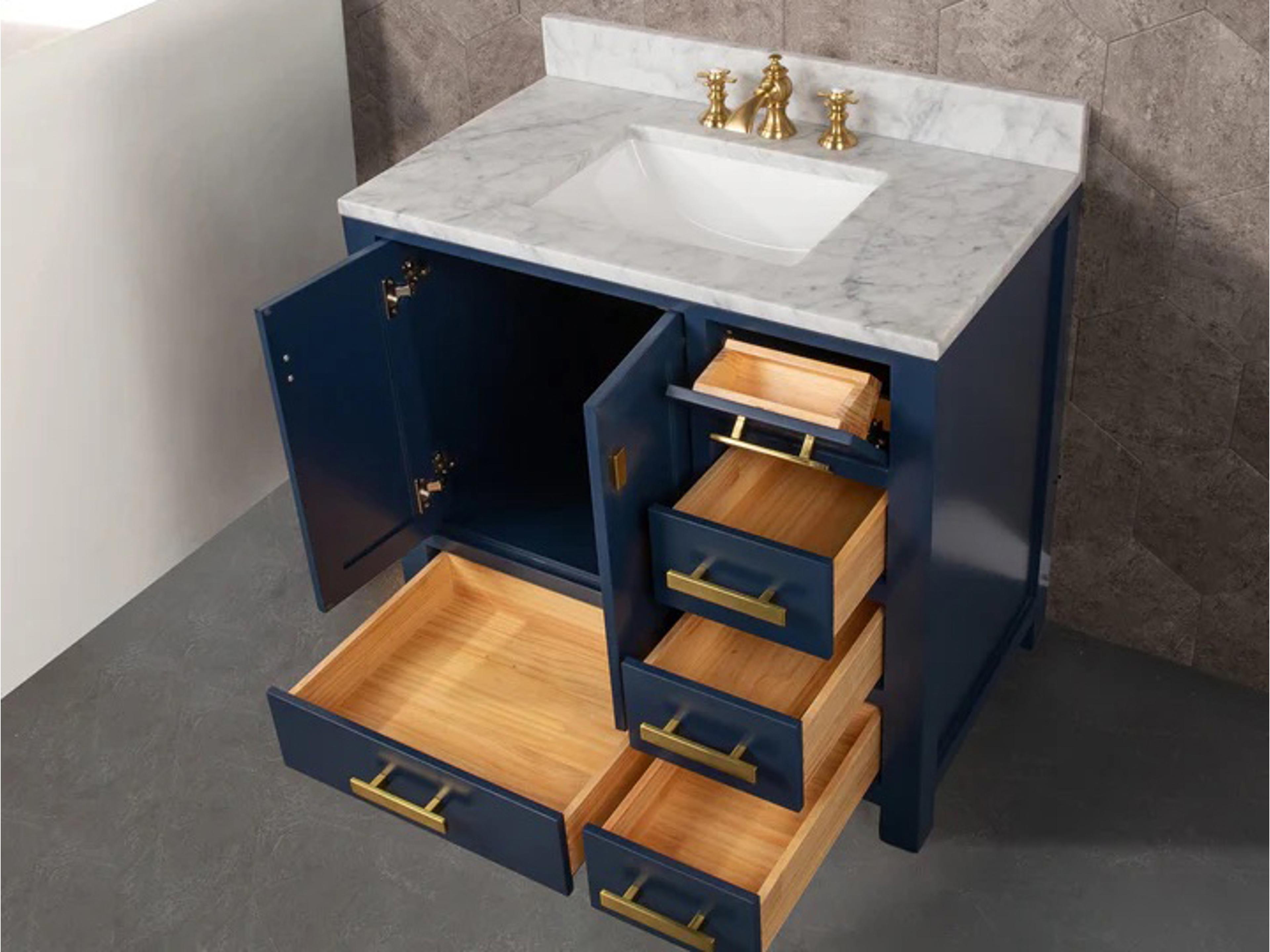 Water Creation Madison Single Sink Carrara White Marble Countertop Bath Vanity In Monarch Blue with Satin Gold Hardware and Rectangular Mirror (S)