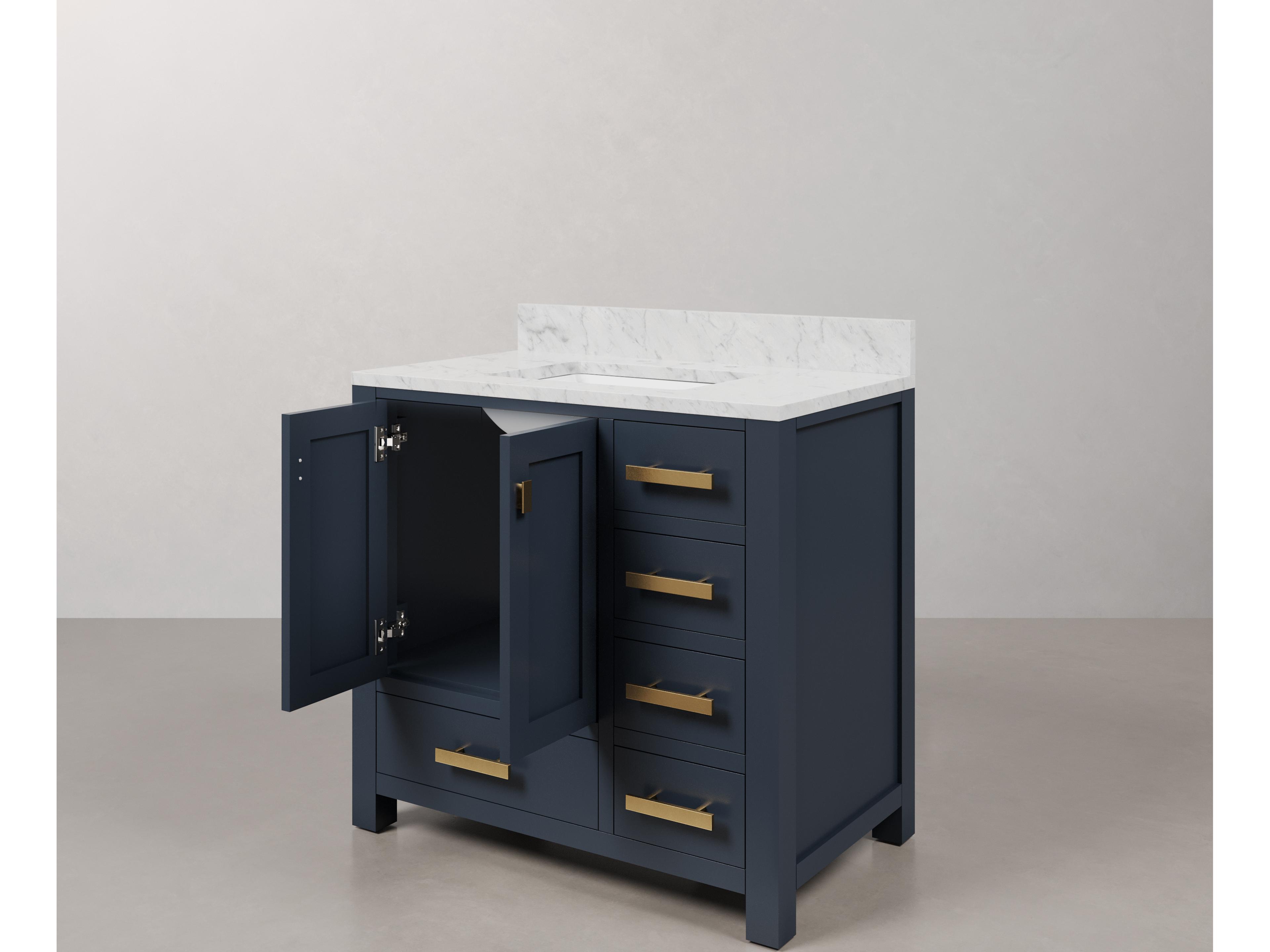 Water Creation Madison Single Sink Carrara White Marble Countertop Bath Vanity In Monarch Blue with Satin Gold Hardware and Rectangular Mirror (S)