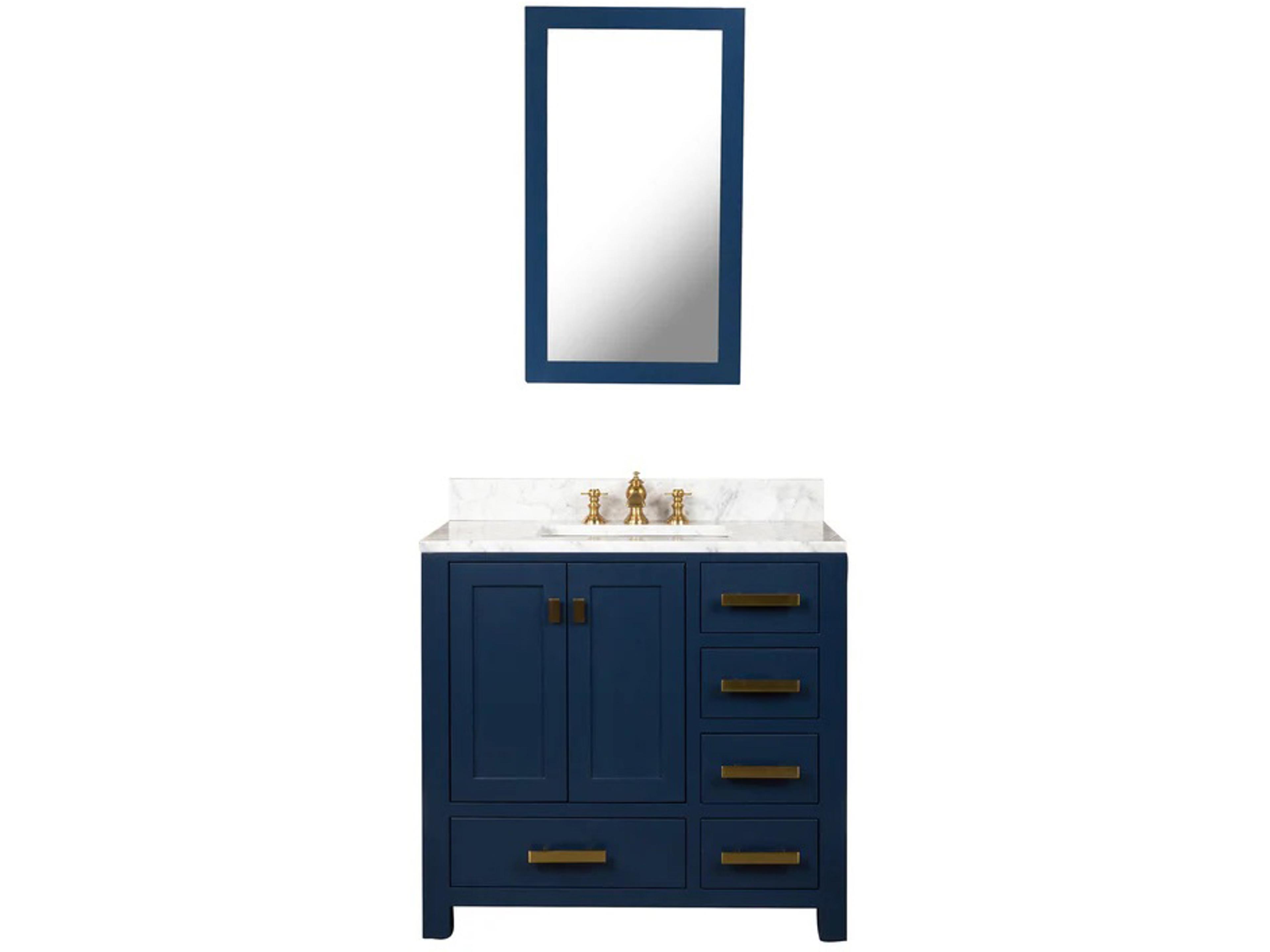 Madison Single Sink Carrara White Marble Countertop Bath Vanity In Monarch Blue with Satin Gold Hardware, Waterfall Faucet and Rectangular Mirror (S)