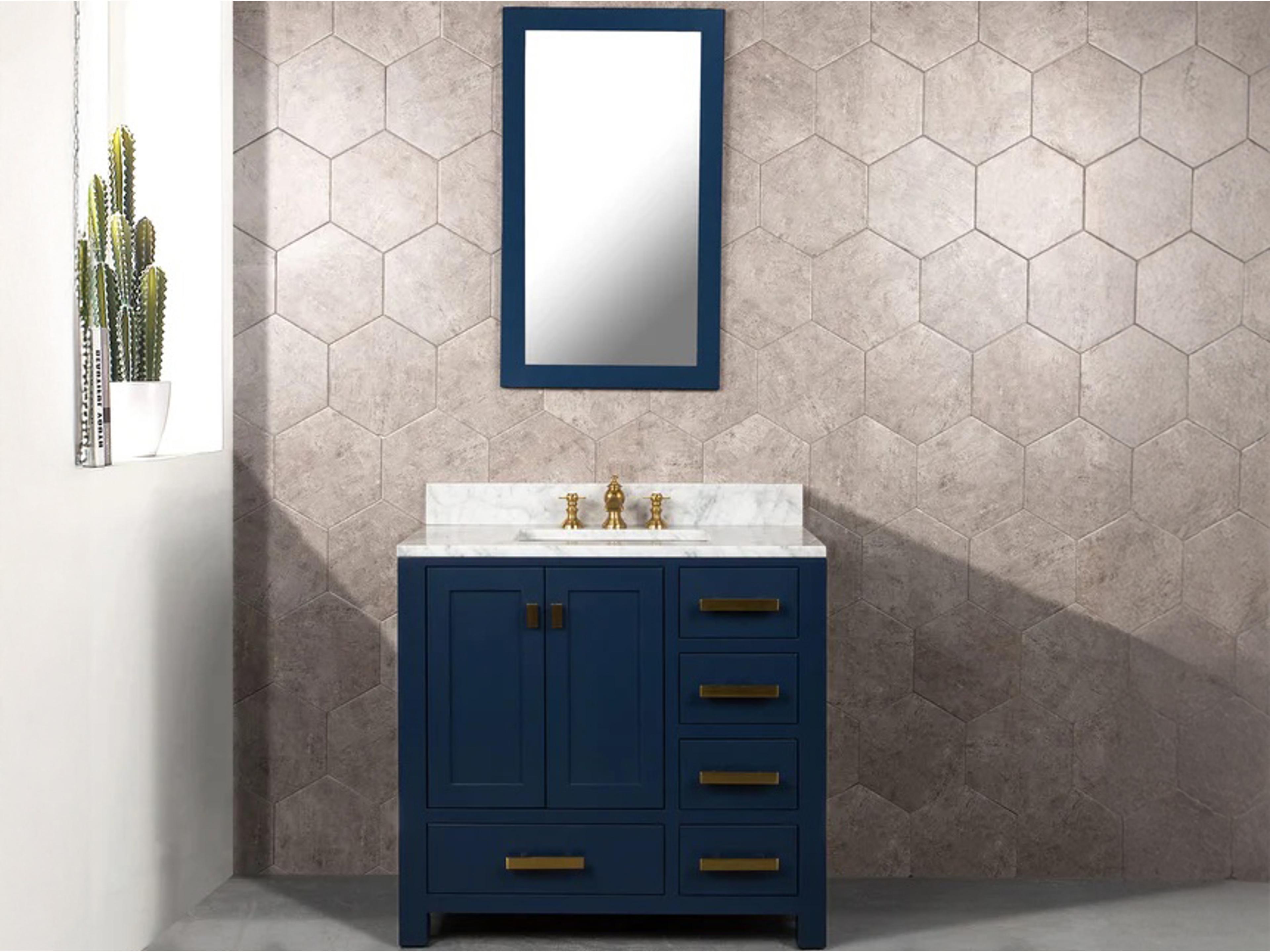Water Creation Madison Single Sink Carrara White Marble Countertop Bath Vanity In Monarch Blue with Satin Gold Hardware, Waterfall Faucet and Rectangular Mirror (S)
