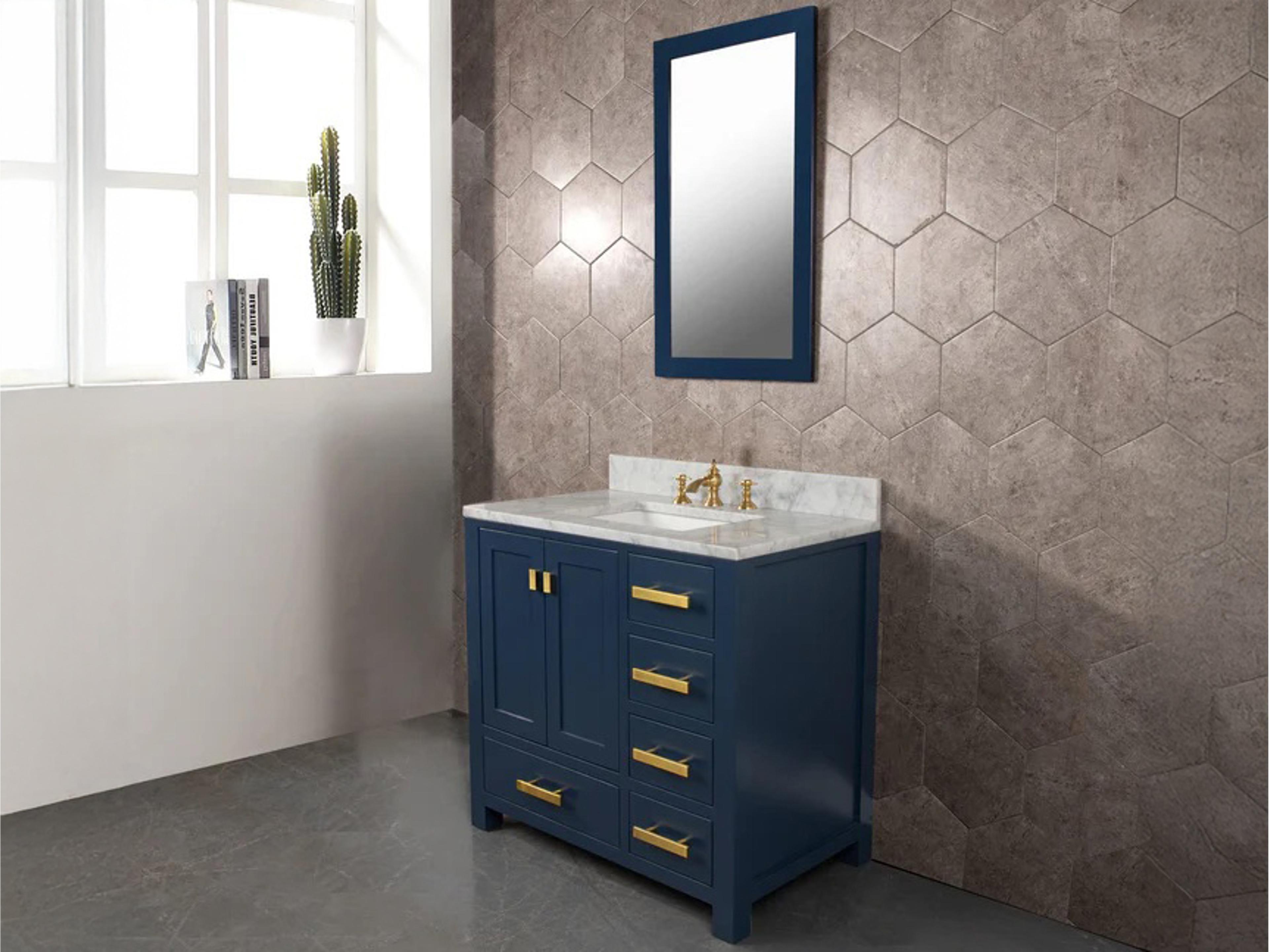 Water Creation Madison Single Sink Carrara White Marble Countertop Bath Vanity In Monarch Blue with Satin Gold Hardware, Waterfall Faucet and Rectangular Mirror (S)