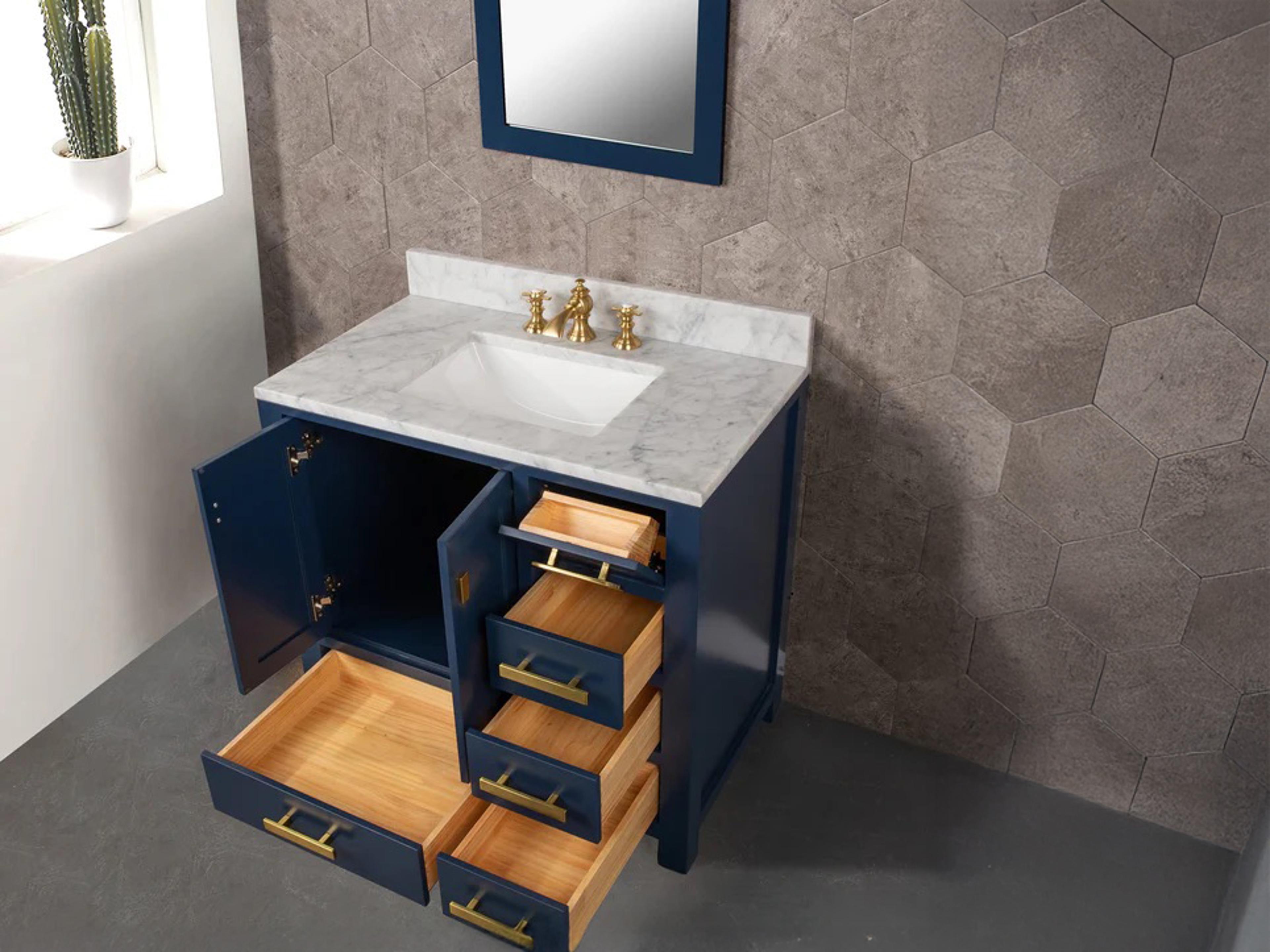 Water Creation Madison Single Sink Carrara White Marble Countertop Bath Vanity In Monarch Blue with Satin Gold Hardware, Waterfall Faucet and Rectangular Mirror (S)