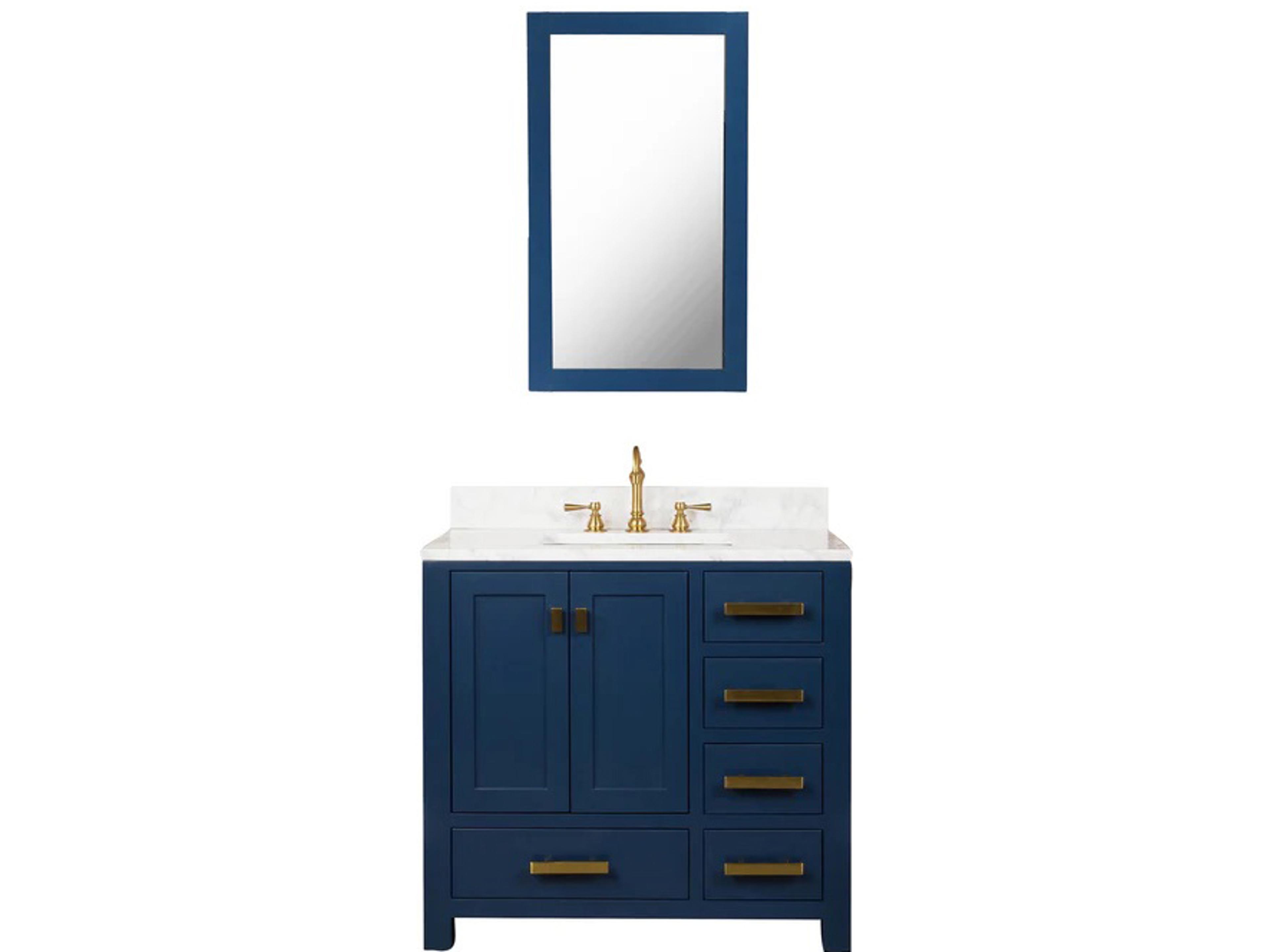 Madison Single Sink Carrara White Marble Countertop Bath Vanity In Monarch Blue with Satin Gold Hardware, Hook Faucet and Rectangular Mirror (S)