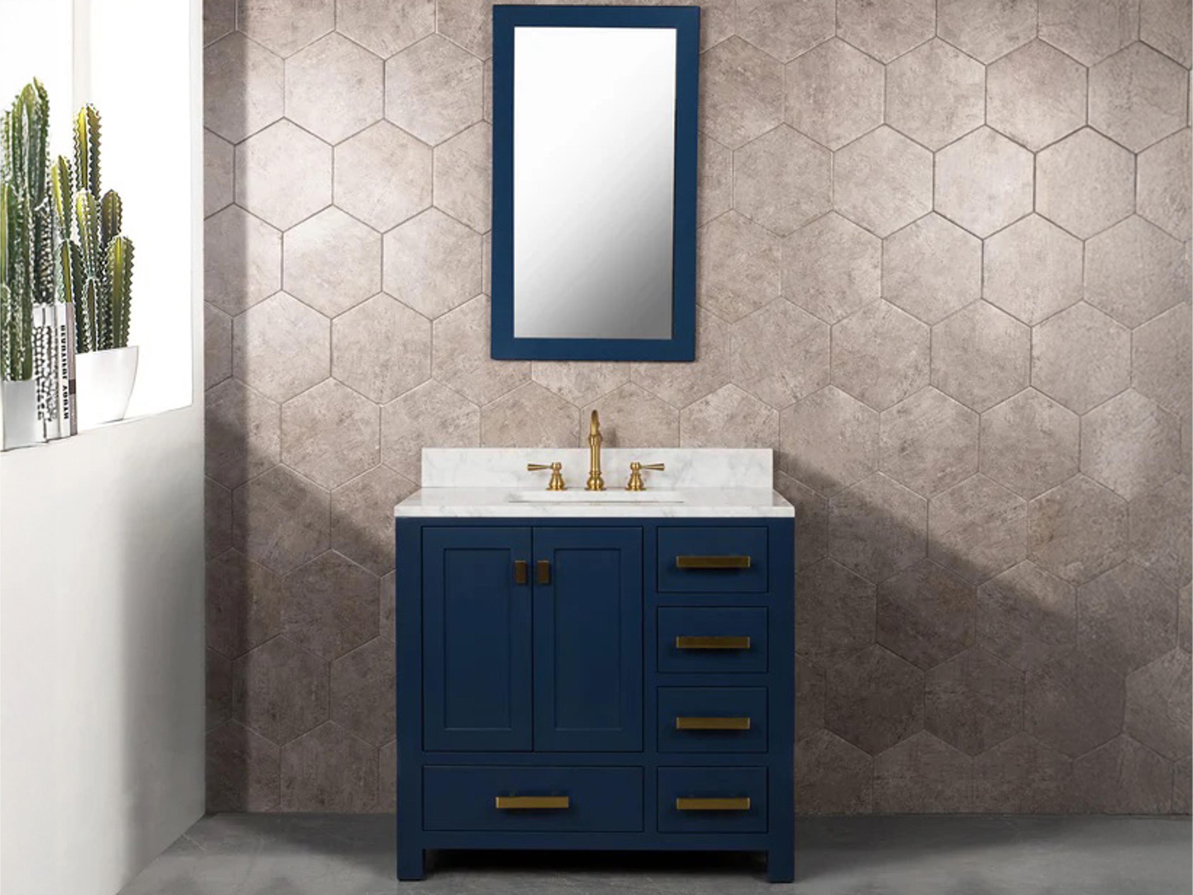 Water Creation Madison Single Sink Carrara White Marble Countertop Bath Vanity In Monarch Blue with Satin Gold Hardware, Hook Faucet and Rectangular Mirror (S)