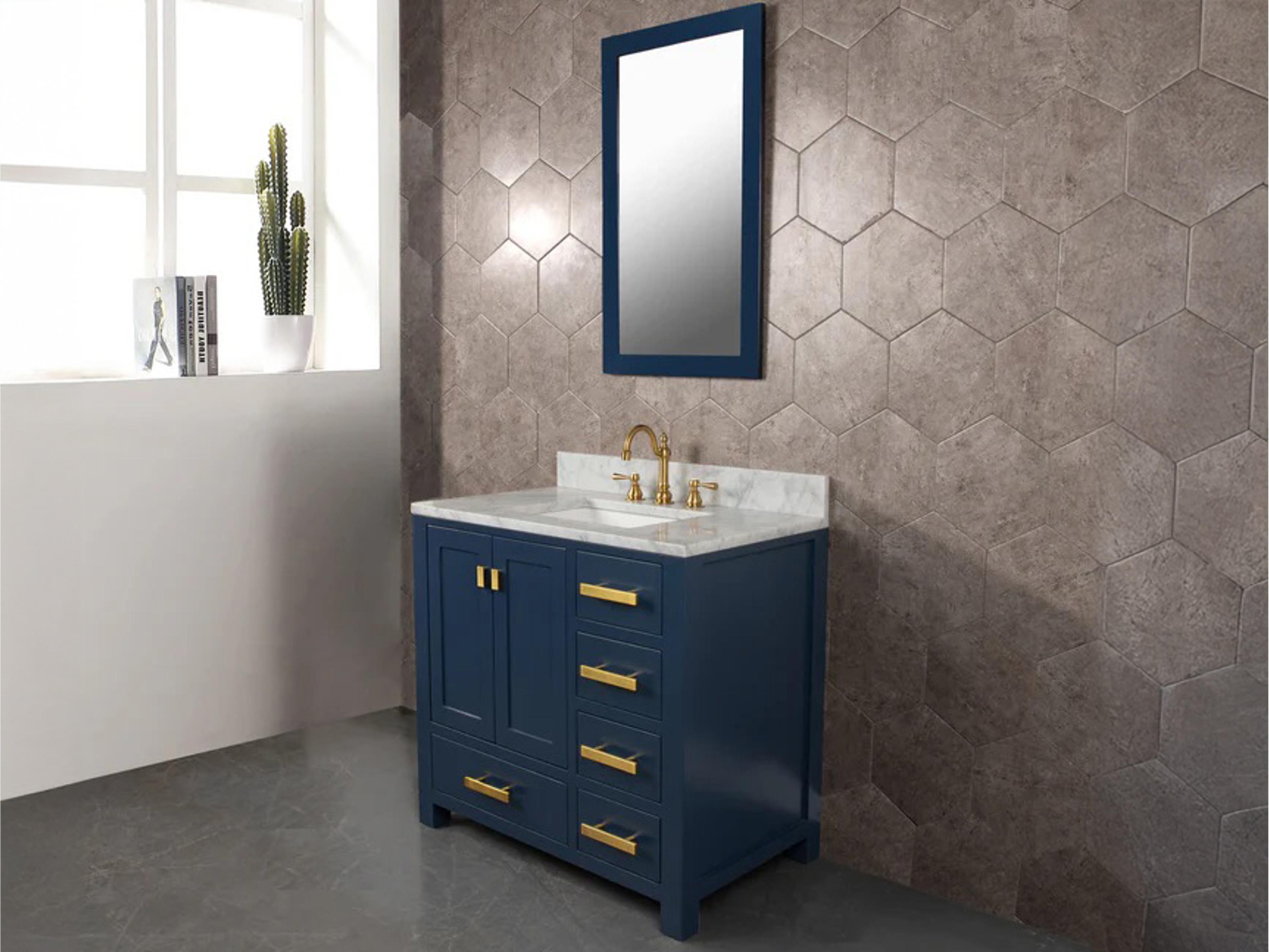 Water Creation Madison Single Sink Carrara White Marble Countertop Bath Vanity In Monarch Blue with Satin Gold Hardware, Hook Faucet and Rectangular Mirror (S)
