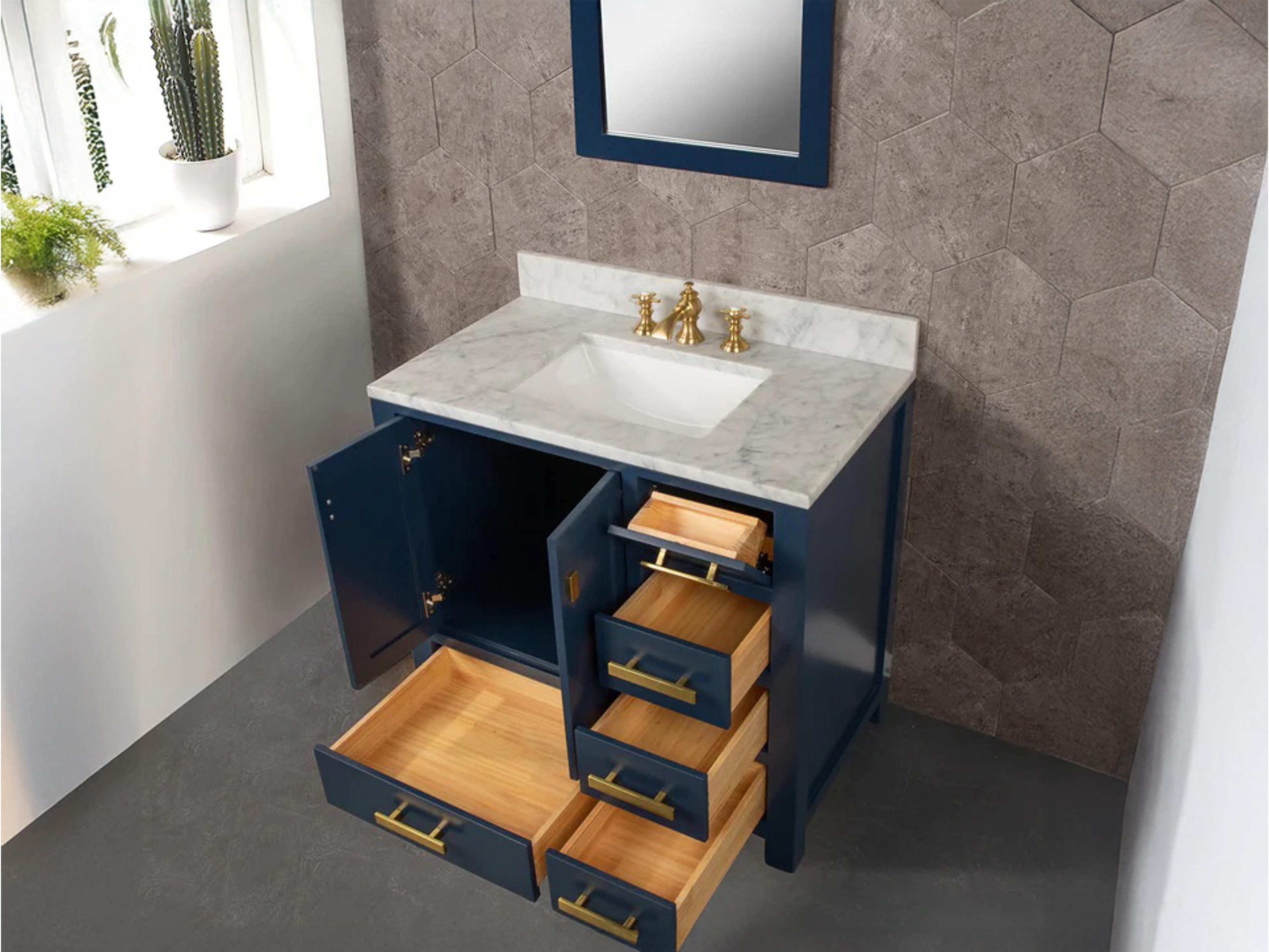 Water Creation Madison Single Sink Carrara White Marble Countertop Bath Vanity In Monarch Blue with Satin Gold Hardware, Hook Faucet and Rectangular Mirror (S)