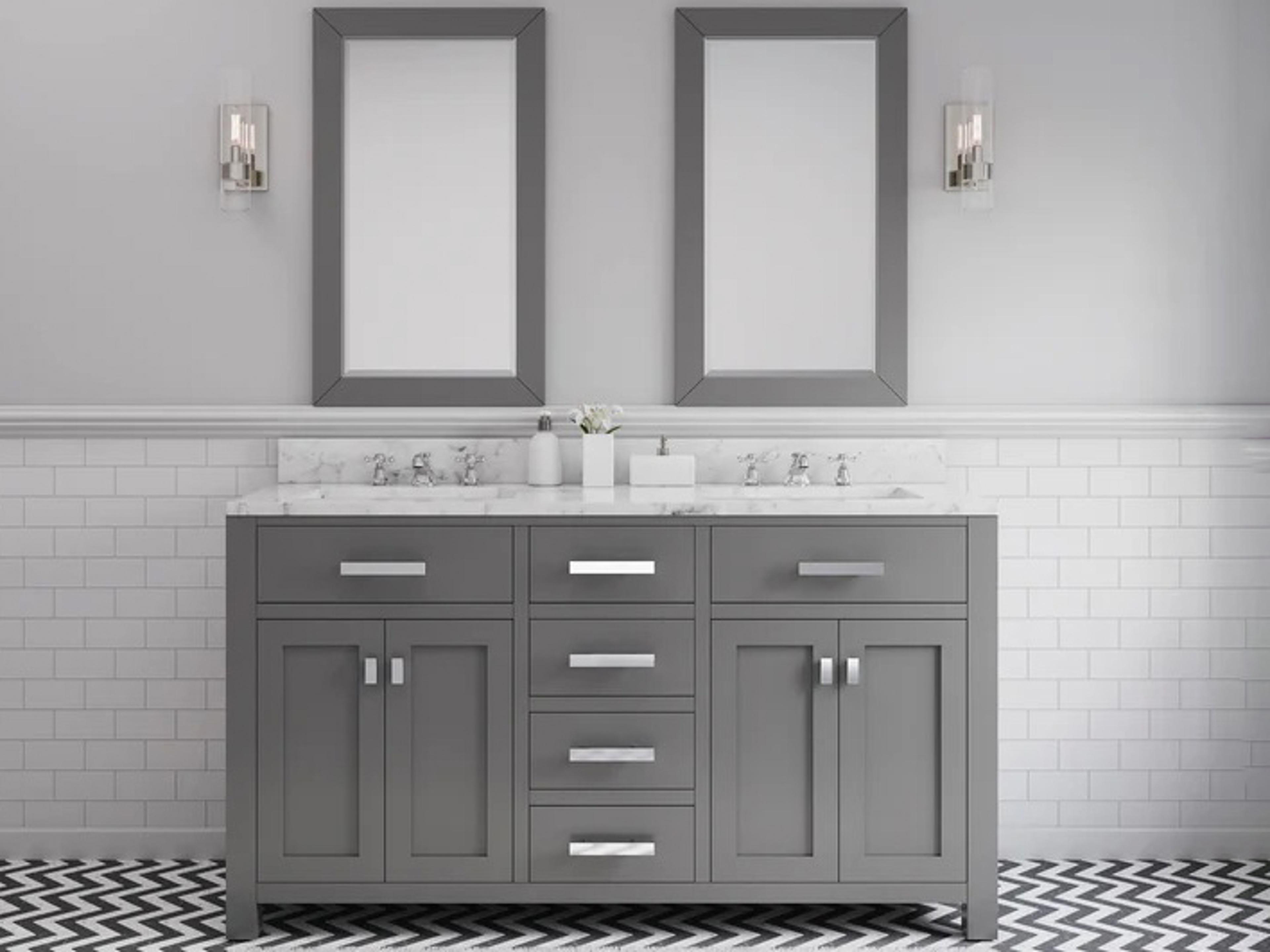 Water Creation Madison Double Sink Carrara White Marble Countertop Bath Vanity in Cashmere Grey