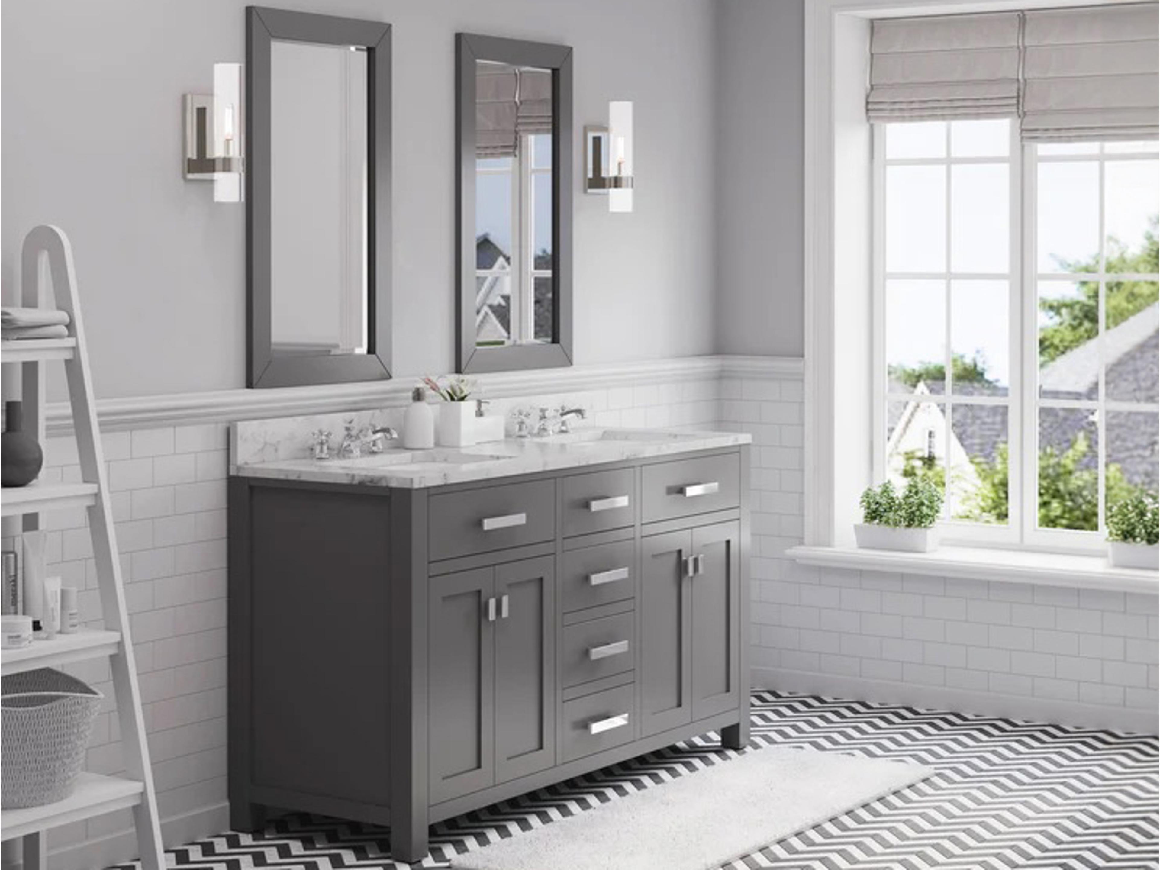 Water Creation Madison Double Sink Carrara White Marble Countertop Bath Vanity in Cashmere Grey