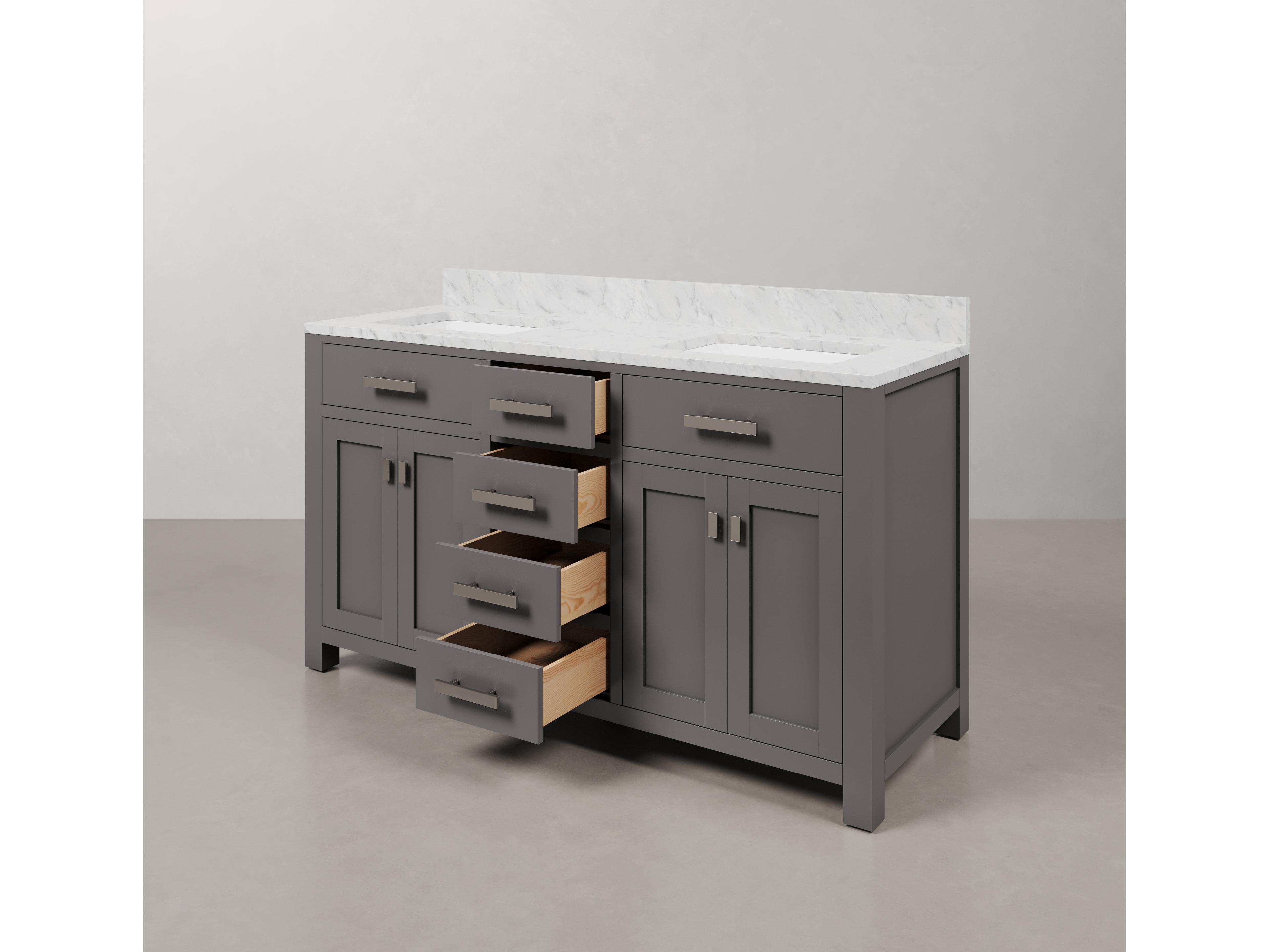 Water Creation Madison Double Sink Carrara White Marble Countertop Bath Vanity in Cashmere Grey