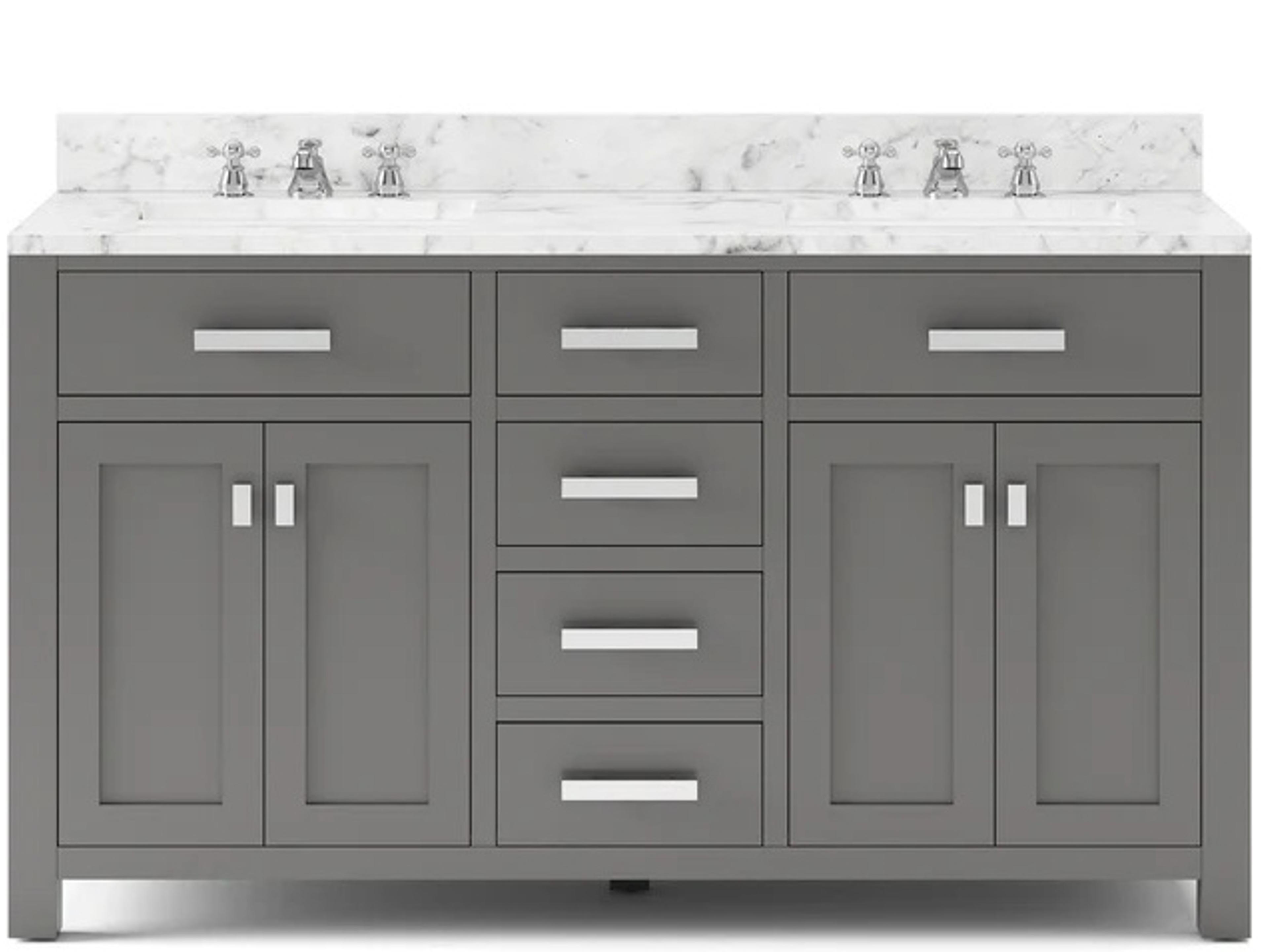 Water Creation Madison Double Sink Carrara White Marble Countertop Bath Vanity in Cashmere Grey with Chrome Hardware and Classic Faucets