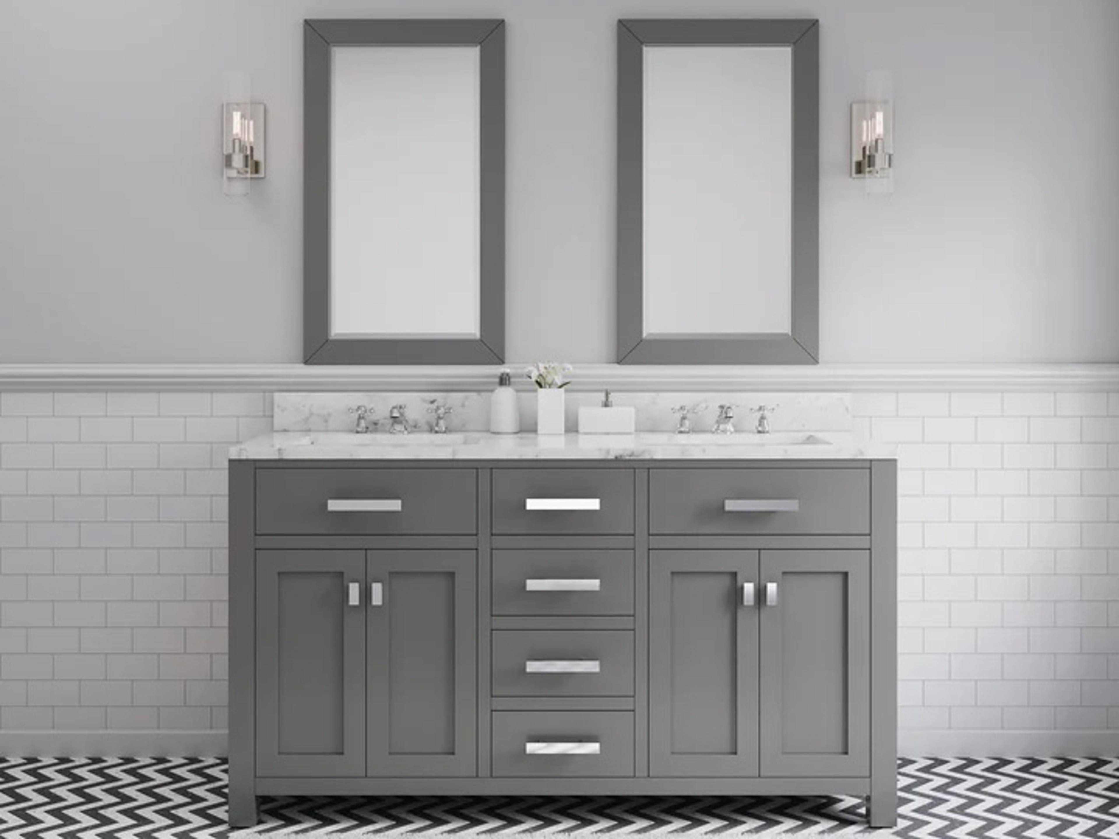 Water Creation Madison Double Sink Carrara White Marble Countertop Bath Vanity in Cashmere Grey with Chrome Hardware and Classic Faucets