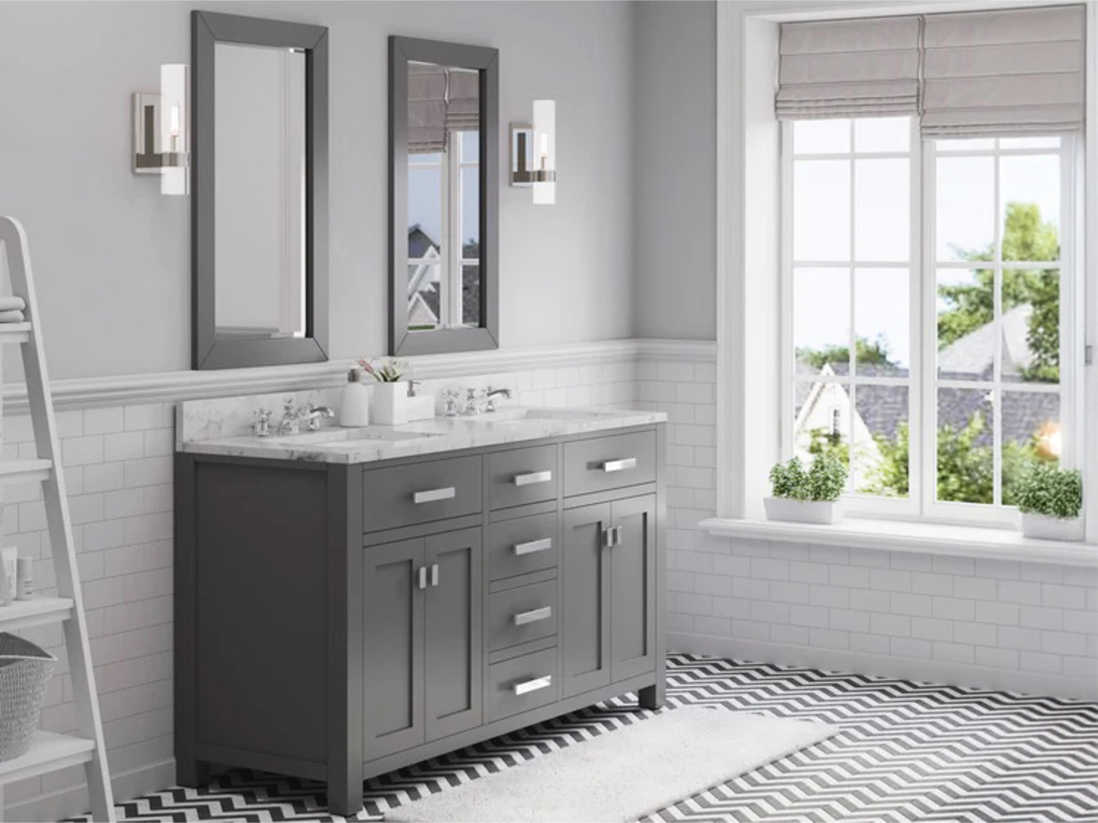Water Creation Madison Double Sink Carrara White Marble Countertop Bath Vanity in Cashmere Grey with Chrome Hardware and Classic Faucets