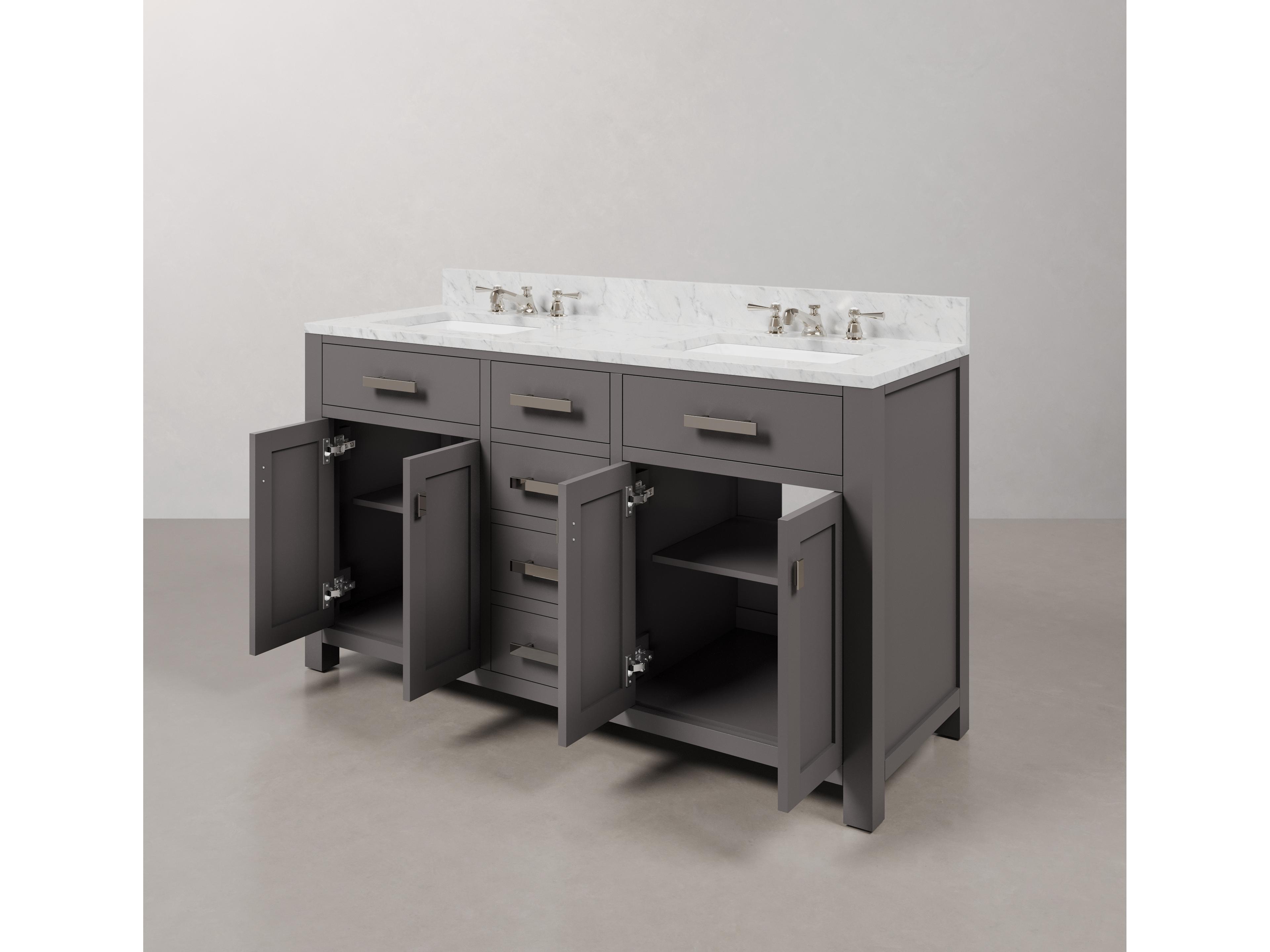 Water Creation Madison Double Sink Carrara White Marble Countertop Bath Vanity in Cashmere Grey with Chrome Hardware and Classic Faucets