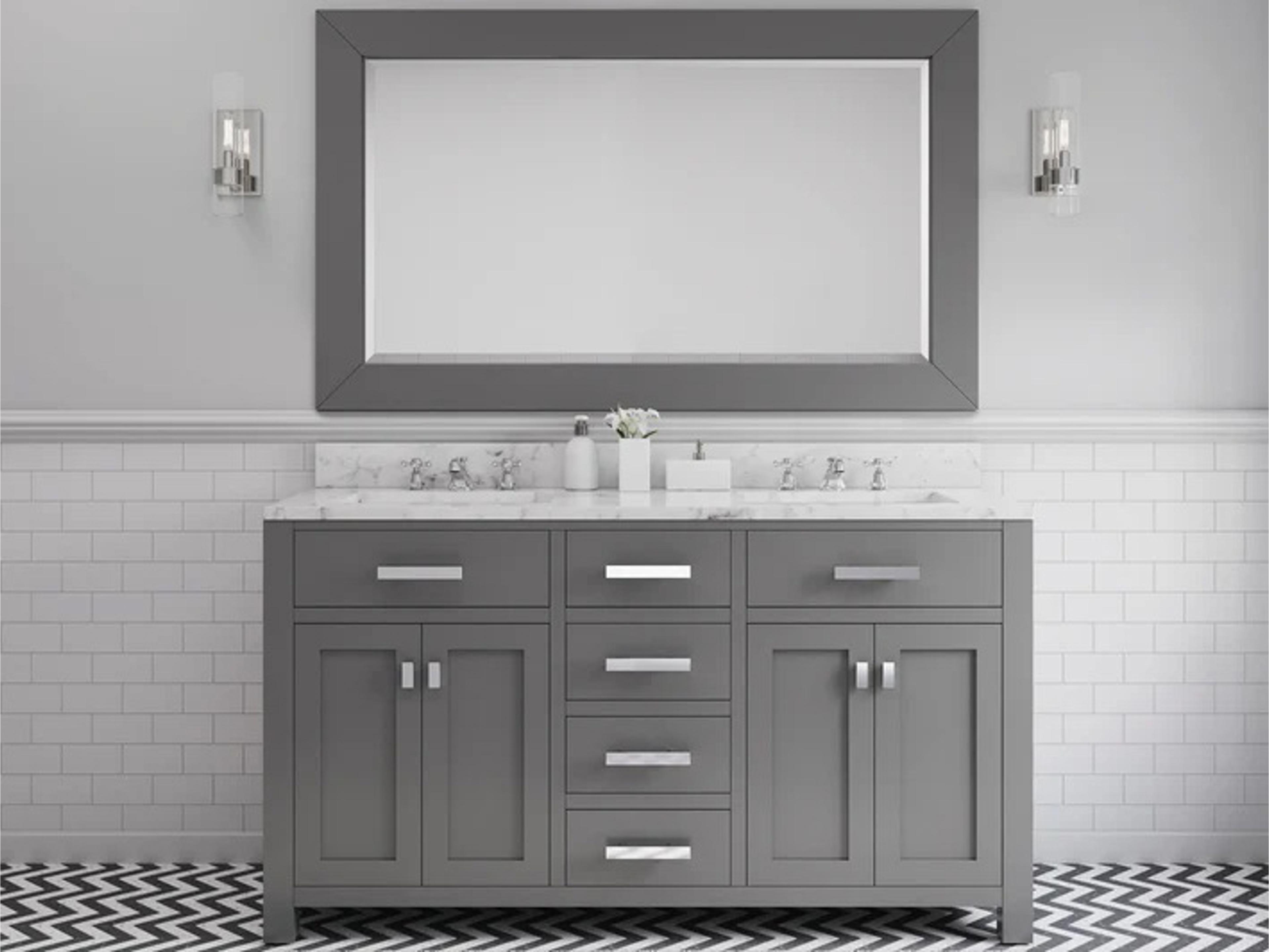 Water Creation Madison Double Sink Carrara White Marble Countertop Bath Vanity in Cashmere Grey with Rectangular Mirrors (S)