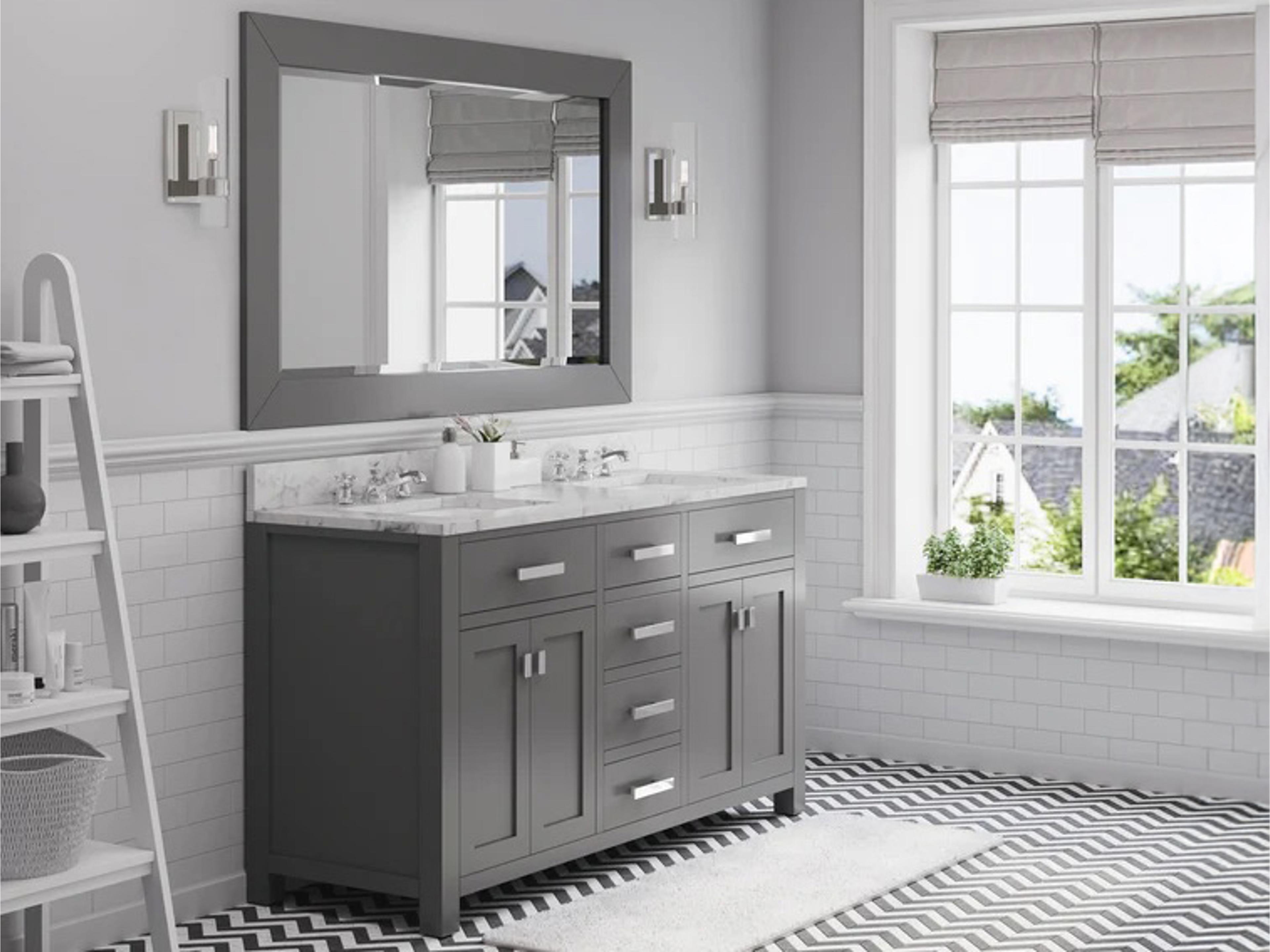 Water Creation Madison Double Sink Carrara White Marble Countertop Bath Vanity in Cashmere Grey with Rectangular Mirrors (S)