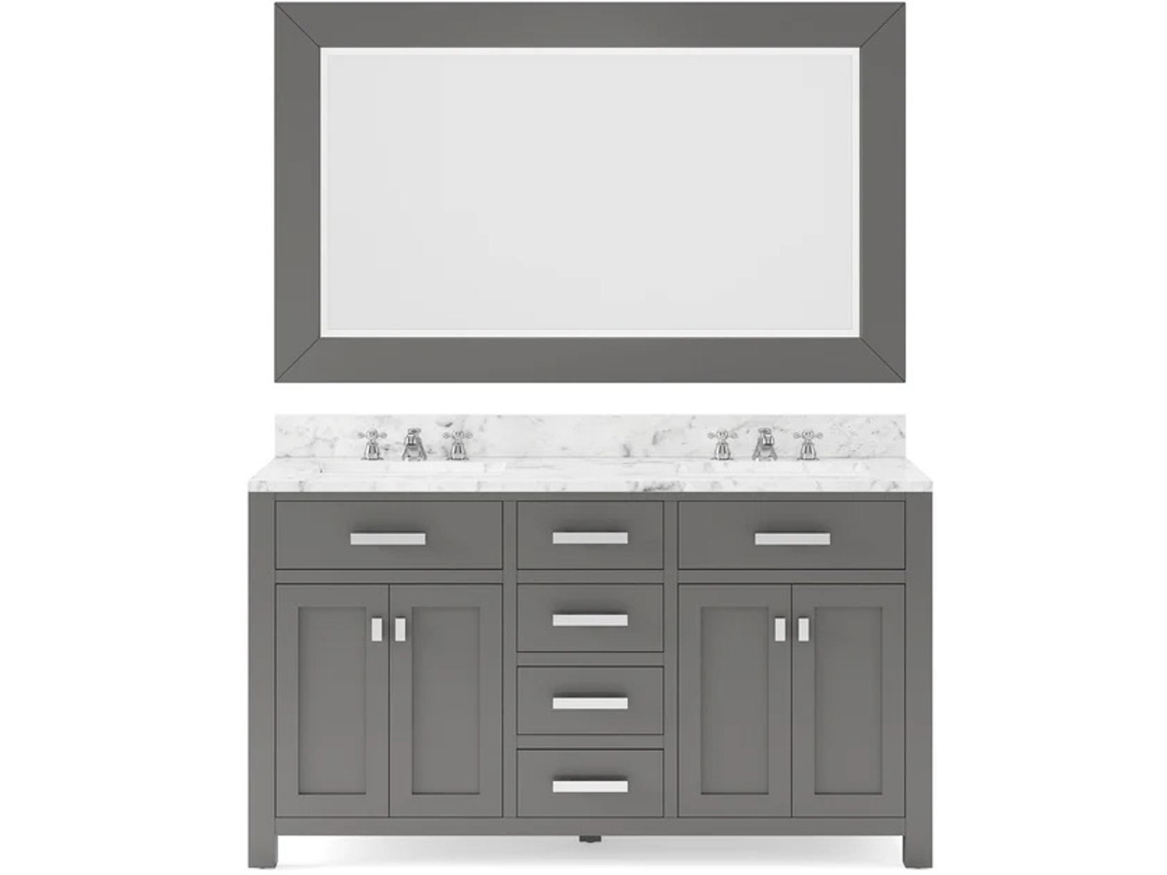 Madison Double Sink Carrara White Marble Countertop Bath Vanity in Cashmere Grey with Chrome Hardware, Classic Faucets and Rectangular Mirrors (S)