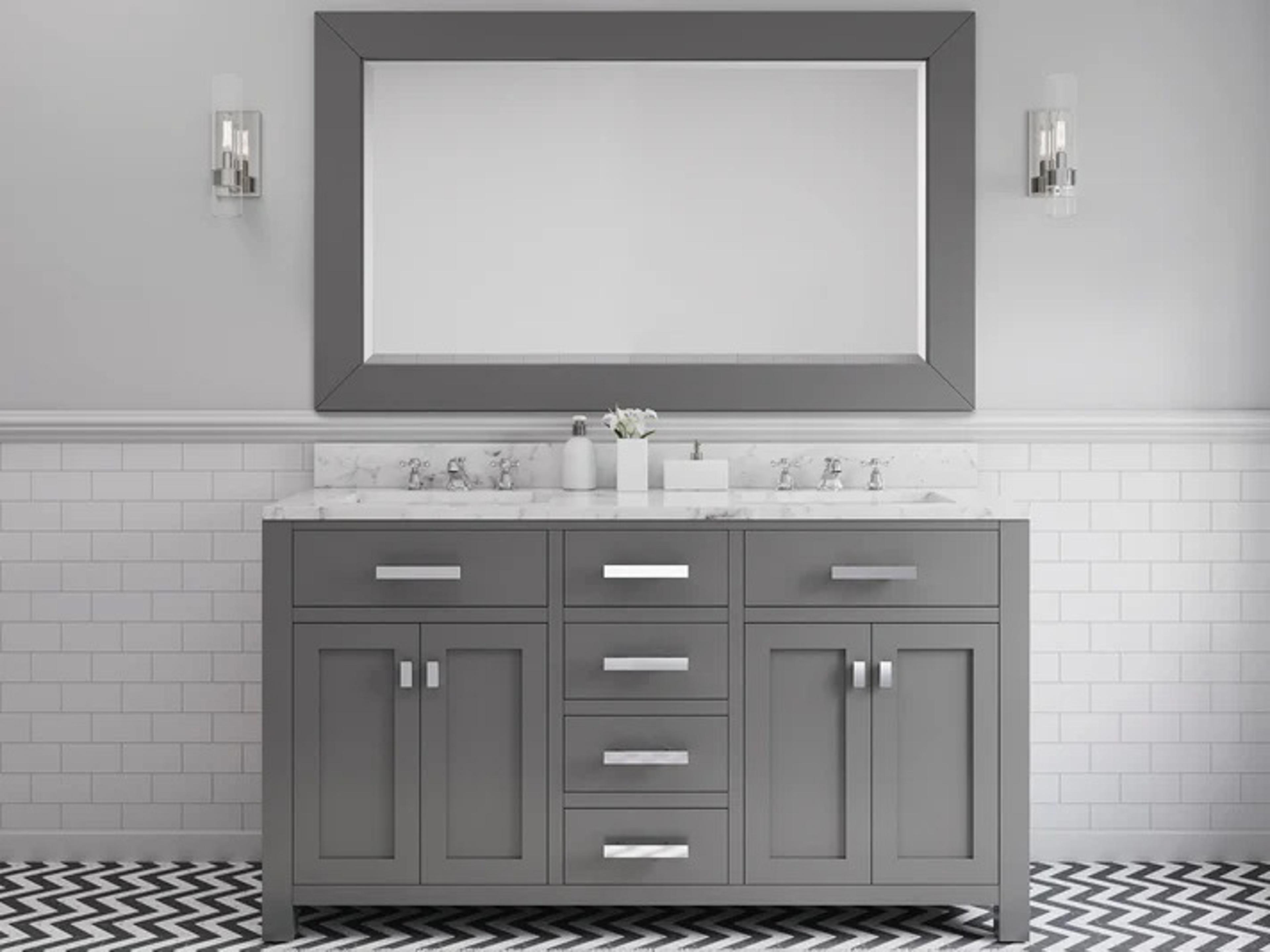 Water Creation Madison Double Sink Carrara White Marble Countertop Bath Vanity in Cashmere Grey with Chrome Hardware, Classic Faucets and Rectangular Mirrors (S)
