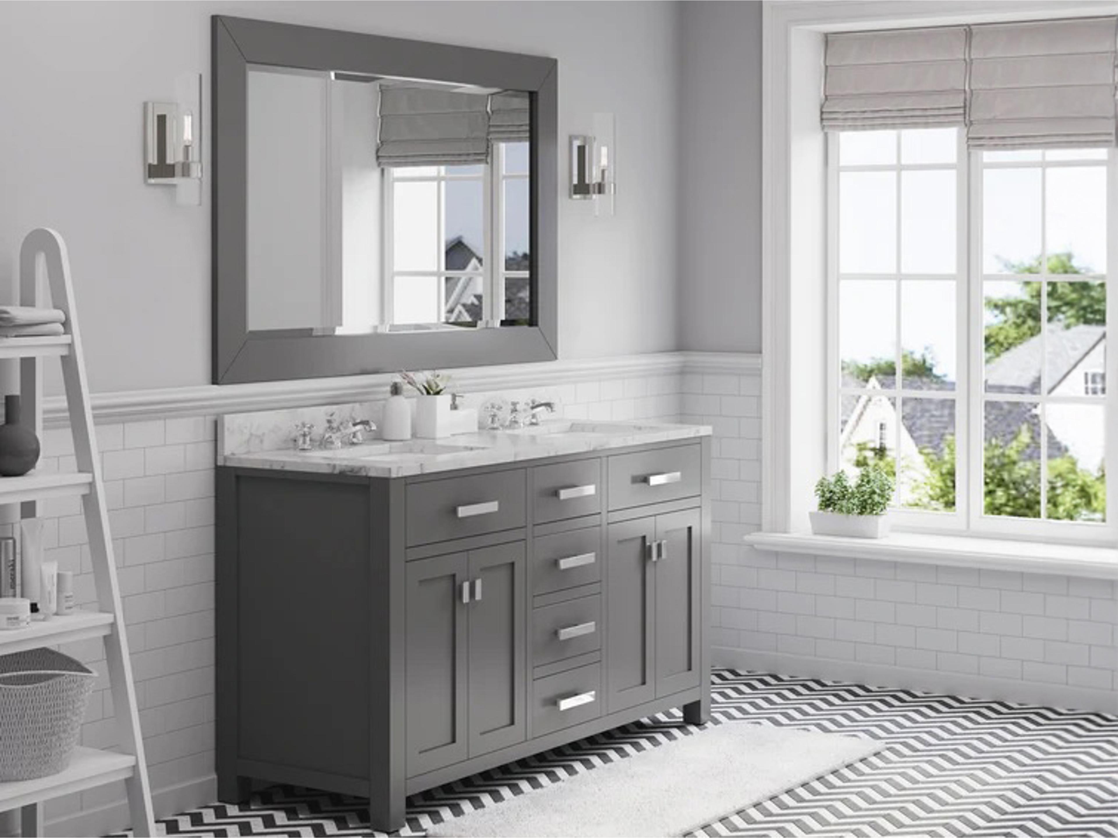 Water Creation Madison Double Sink Carrara White Marble Countertop Bath Vanity in Cashmere Grey with Chrome Hardware, Classic Faucets and Rectangular Mirrors (S)