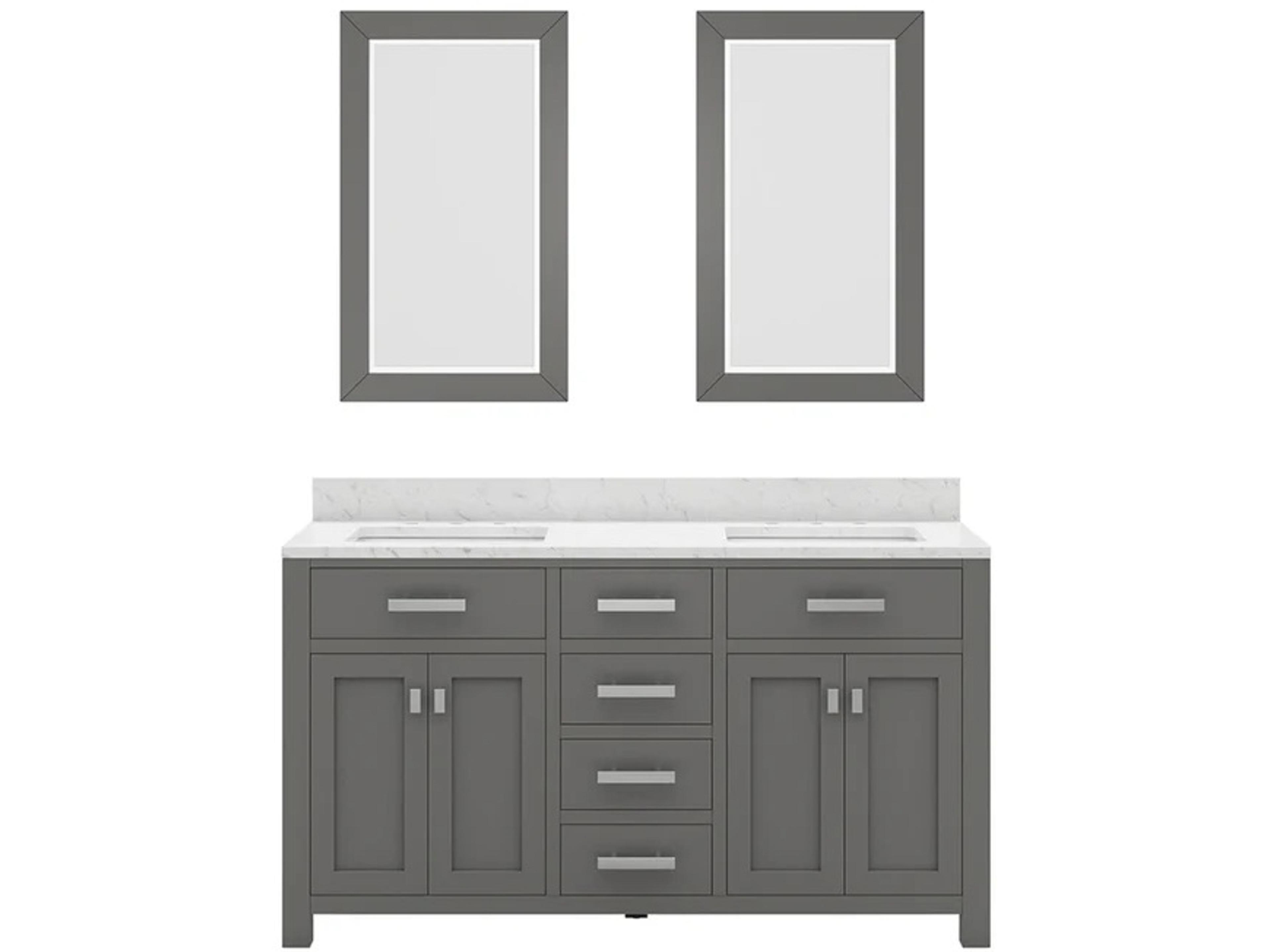 Madison Double Sink Carrara White Marble Countertop Bath Vanity in Cashmere Grey with Rectangular Mirror (L)