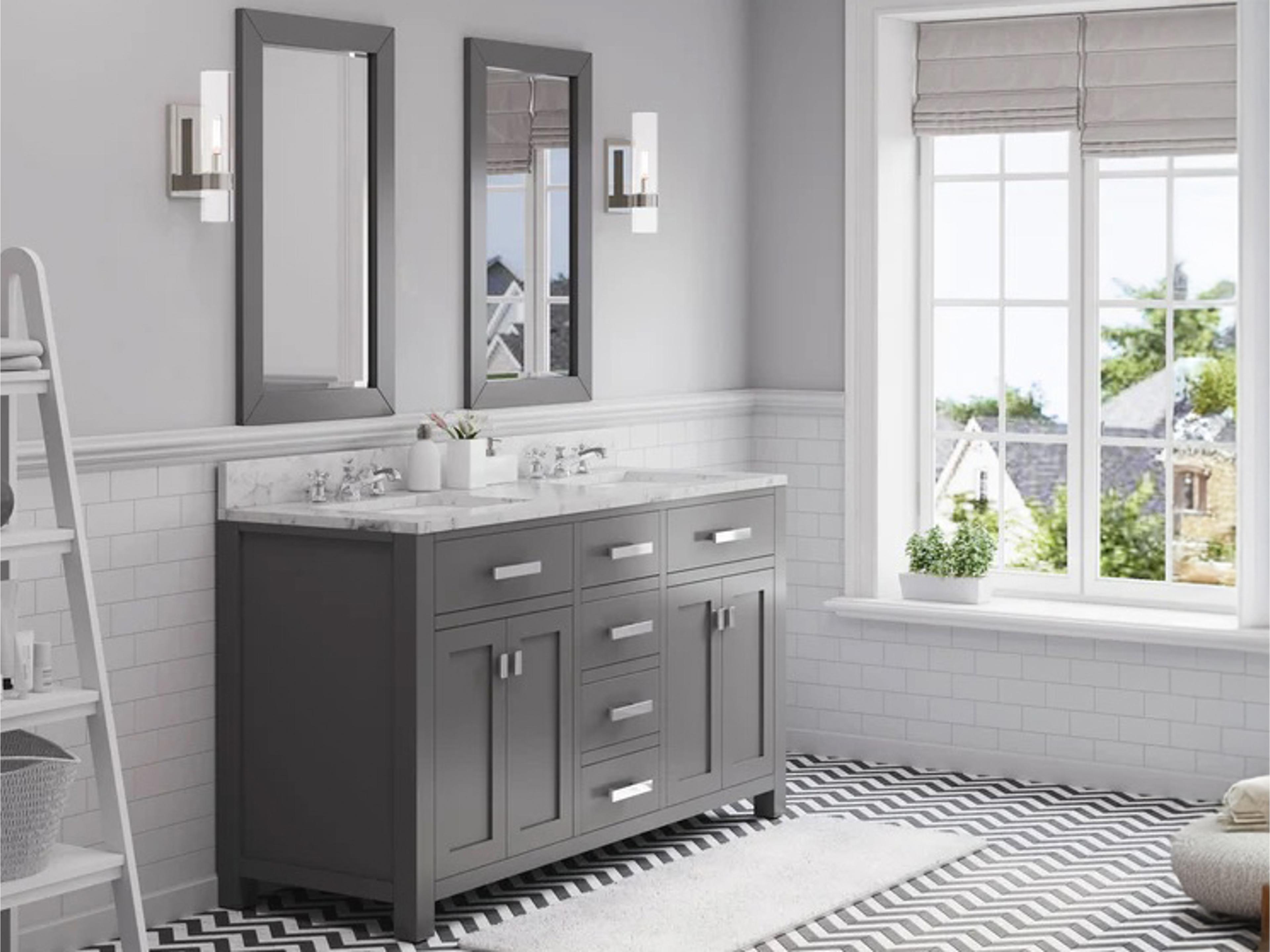 Water Creation Madison Double Sink Carrara White Marble Countertop Bath Vanity in Cashmere Grey with Rectangular Mirror (L)