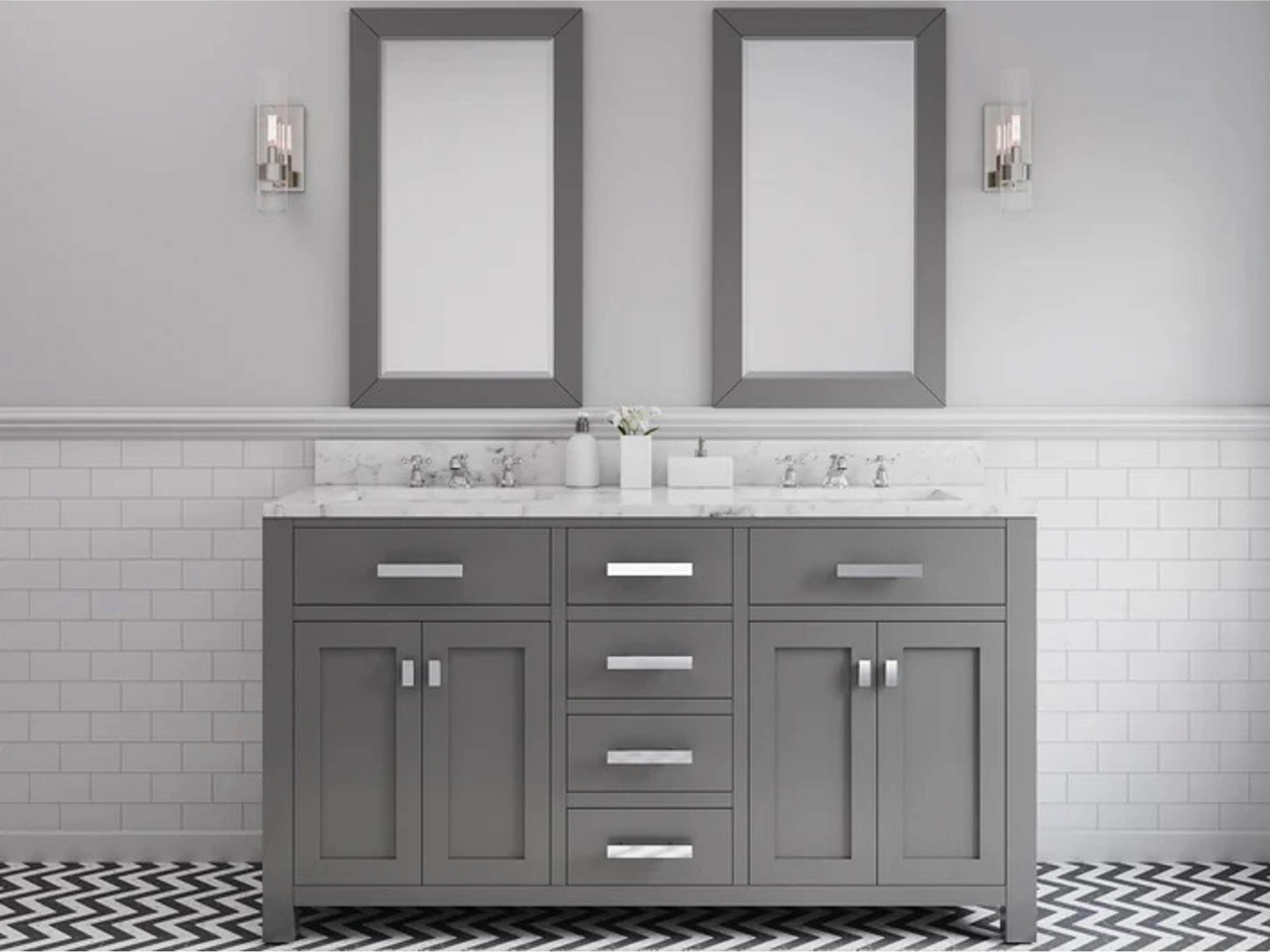 Water Creation Madison Double Sink Carrara White Marble Countertop Bath Vanity in Cashmere Grey with Rectangular Mirror (L)