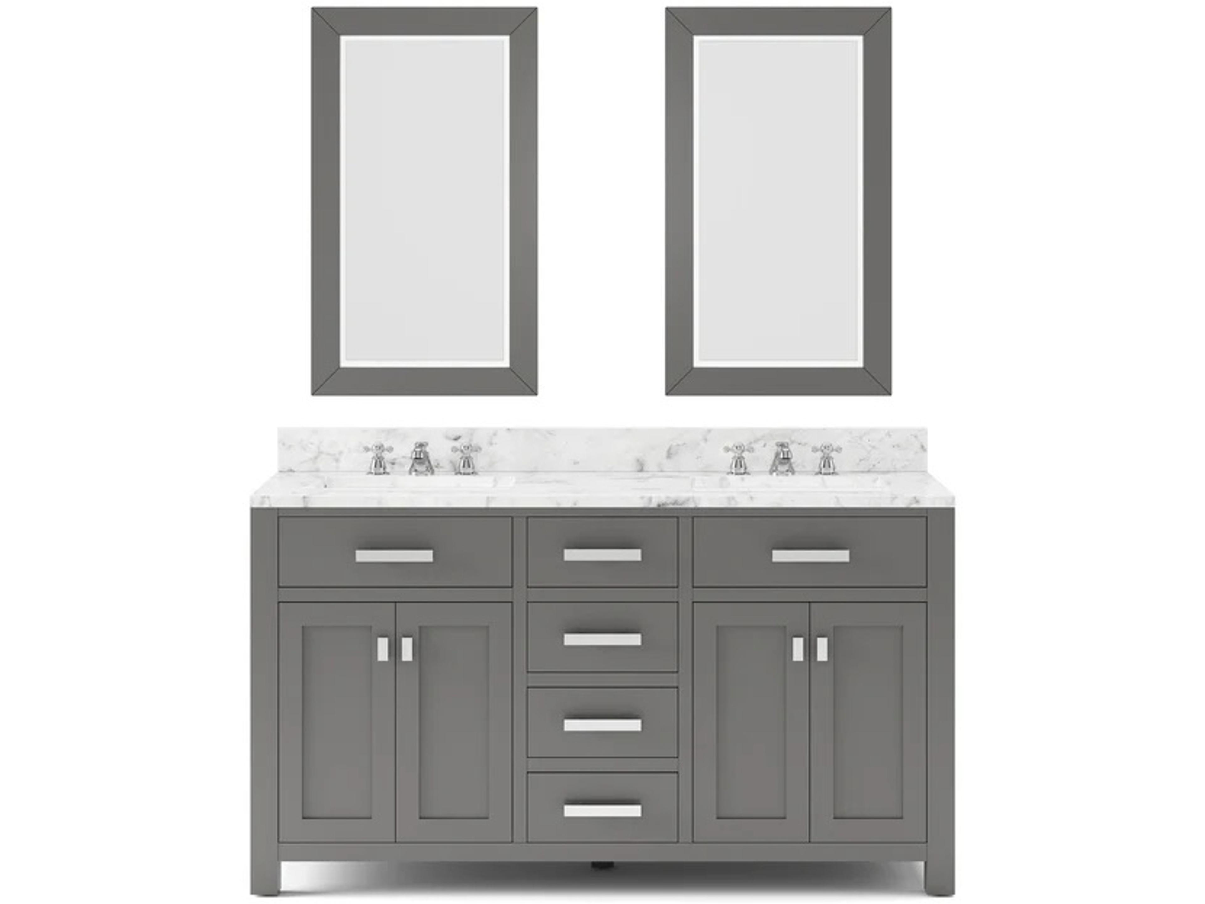 Water Creation Madison Double Sink Carrara White Marble Countertop Bath Vanity in Cashmere Grey with Chrome Hardware, Classic Faucets and Rectangular Mirror (L)