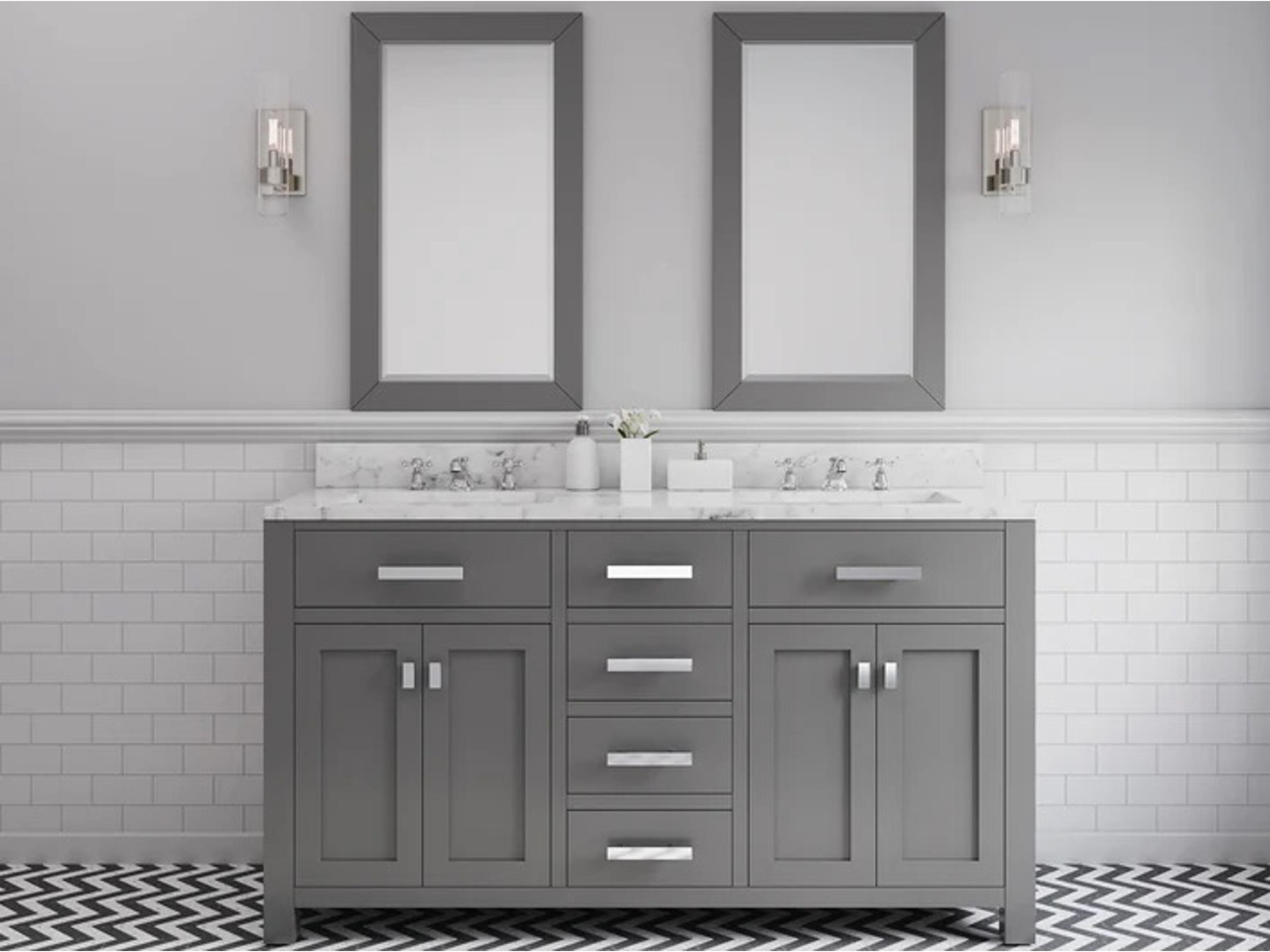 Water Creation Madison Double Sink Carrara White Marble Countertop Bath Vanity in Cashmere Grey with Chrome Hardware, Classic Faucets and Rectangular Mirror (L)