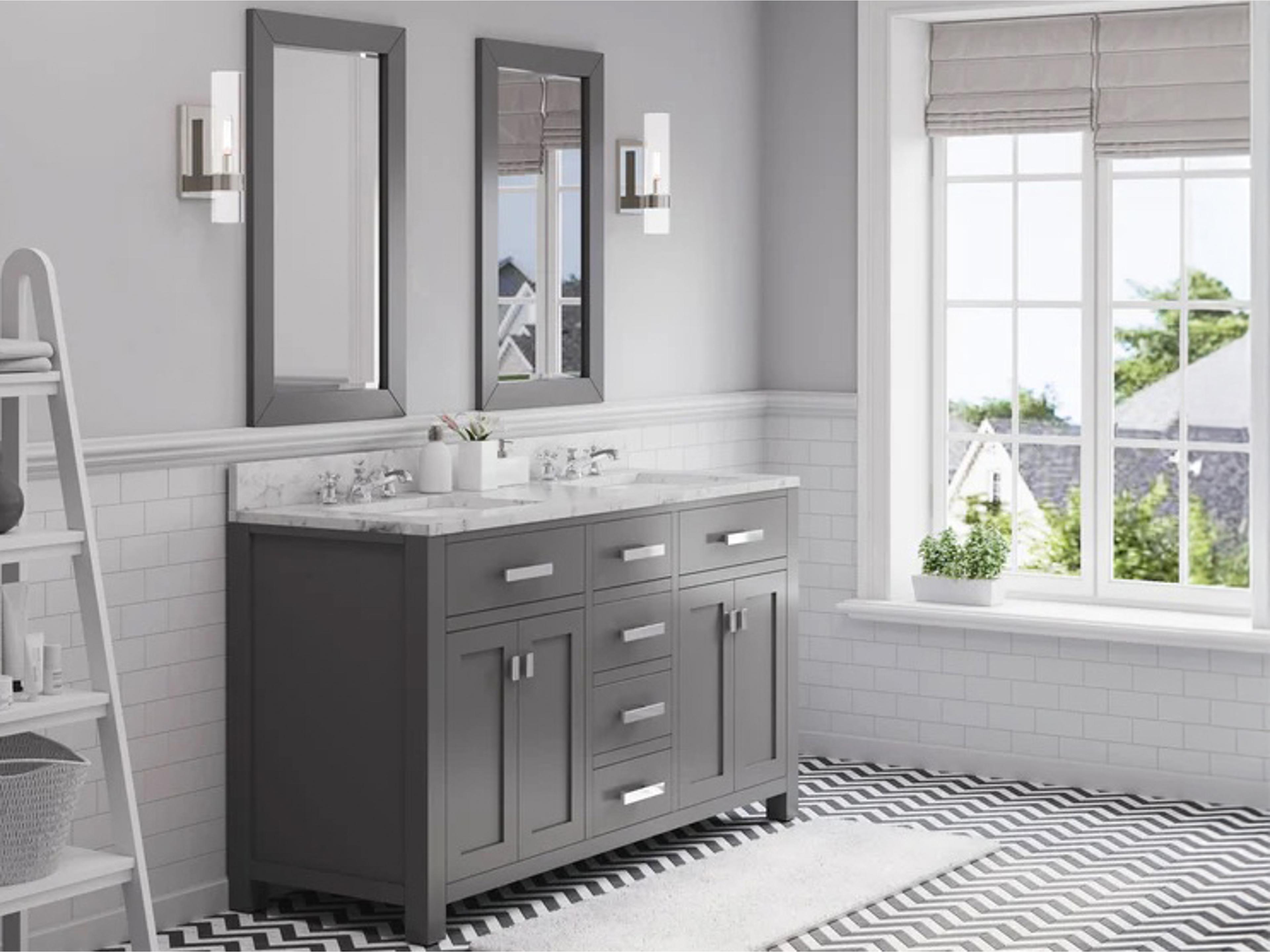 Water Creation Madison Double Sink Carrara White Marble Countertop Bath Vanity in Cashmere Grey with Chrome Hardware, Classic Faucets and Rectangular Mirror (L)