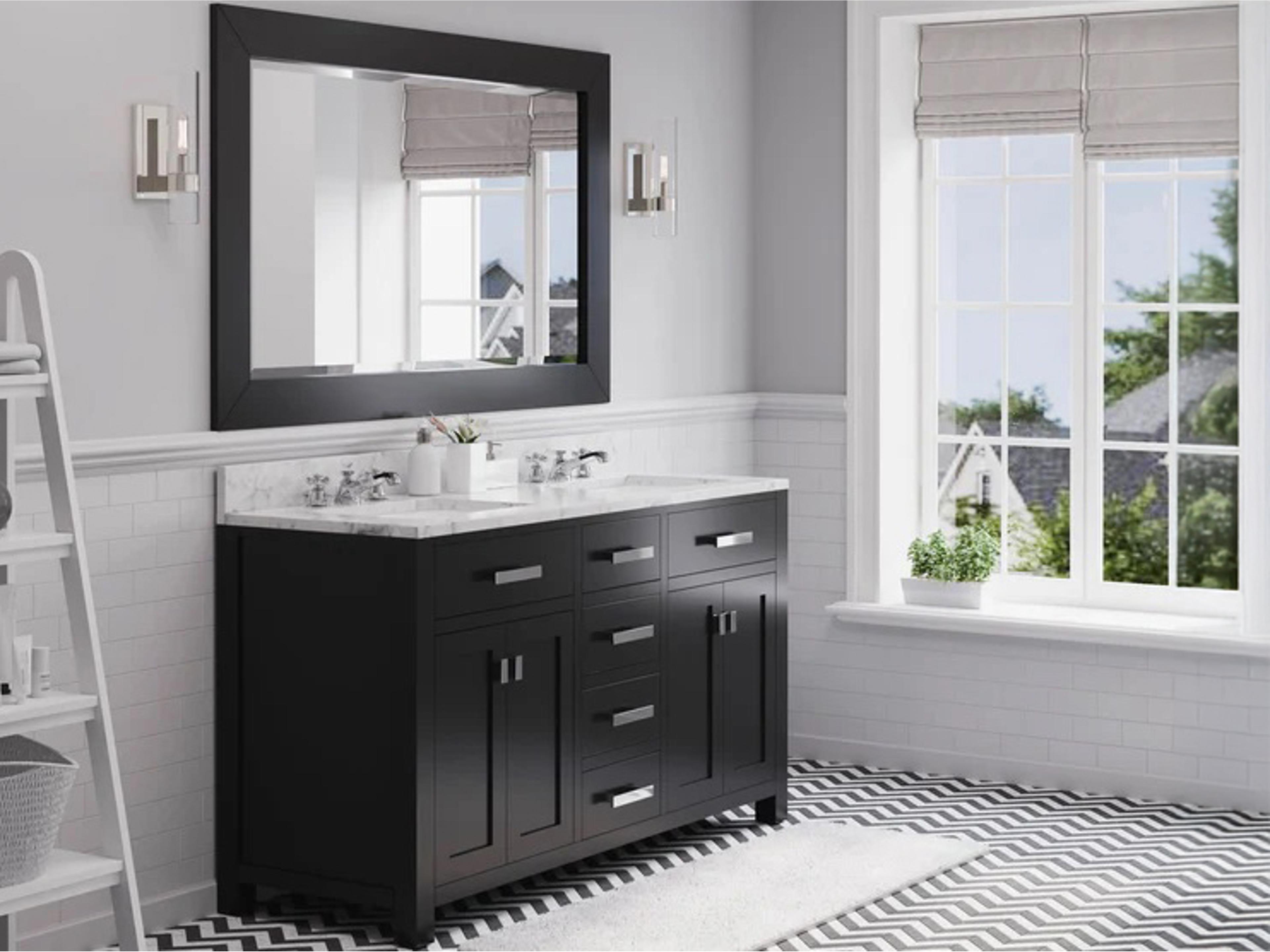 Water Creation Madison Double Sink Carrara White Marble Countertop Bath Vanity in Espresso with Rectangular Mirror (L)