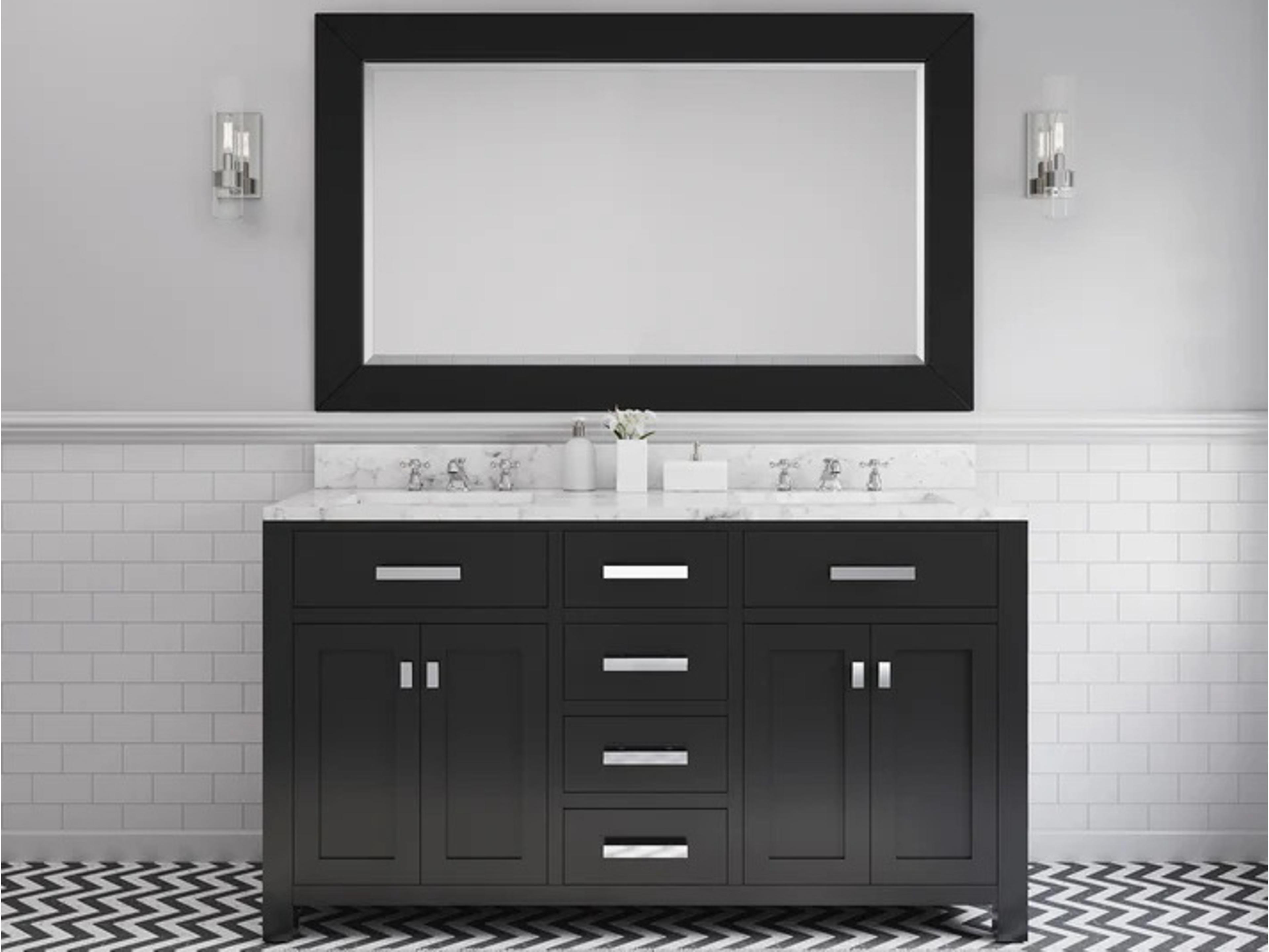 Water Creation Madison Double Sink Carrara White Marble Countertop Bath Vanity in Espresso with Chrome Hardware, Classic Faucets and Rectangular Mirror (L)