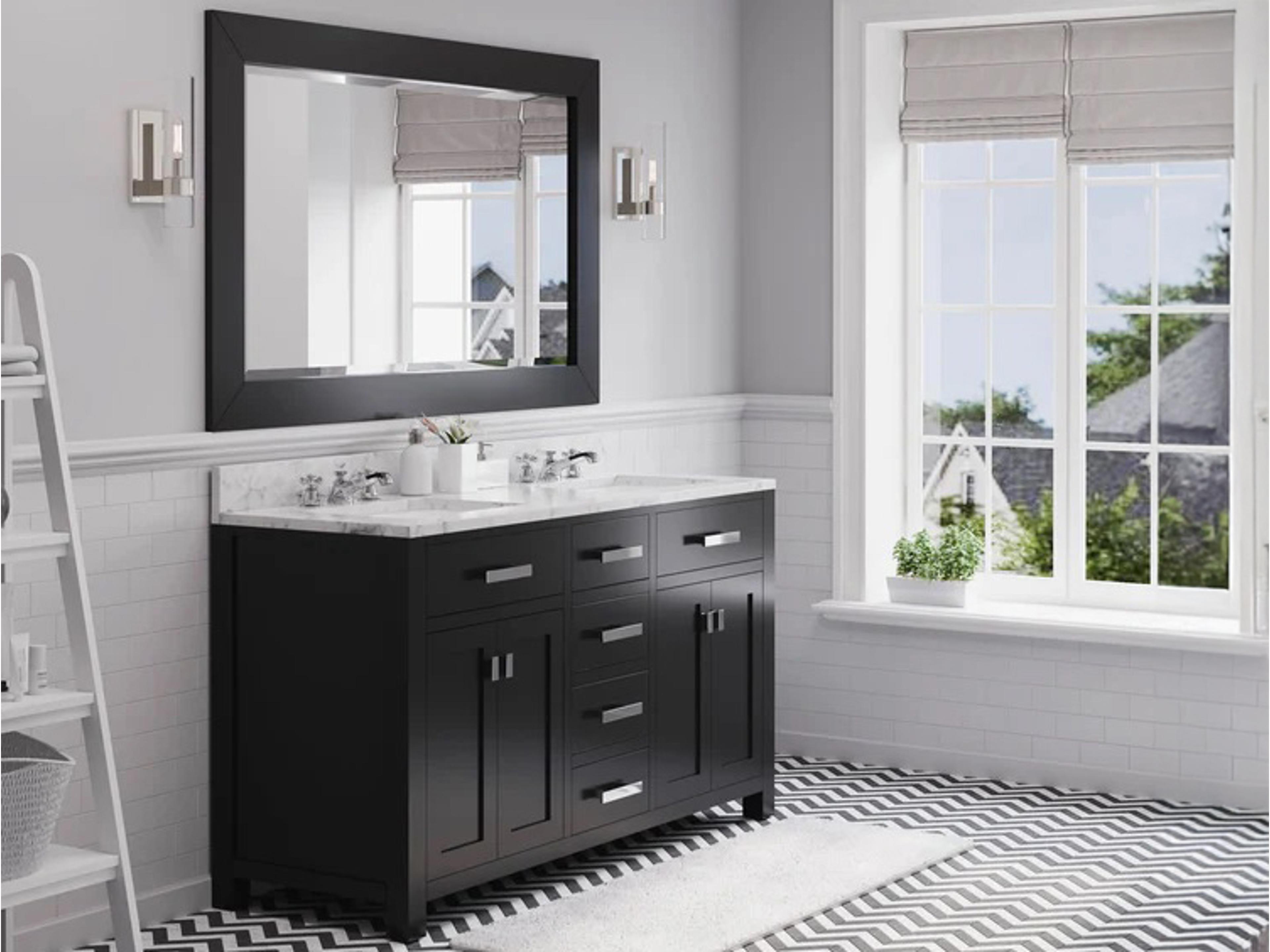 Water Creation Madison Double Sink Carrara White Marble Countertop Bath Vanity in Espresso with Chrome Hardware, Classic Faucets and Rectangular Mirror (L)