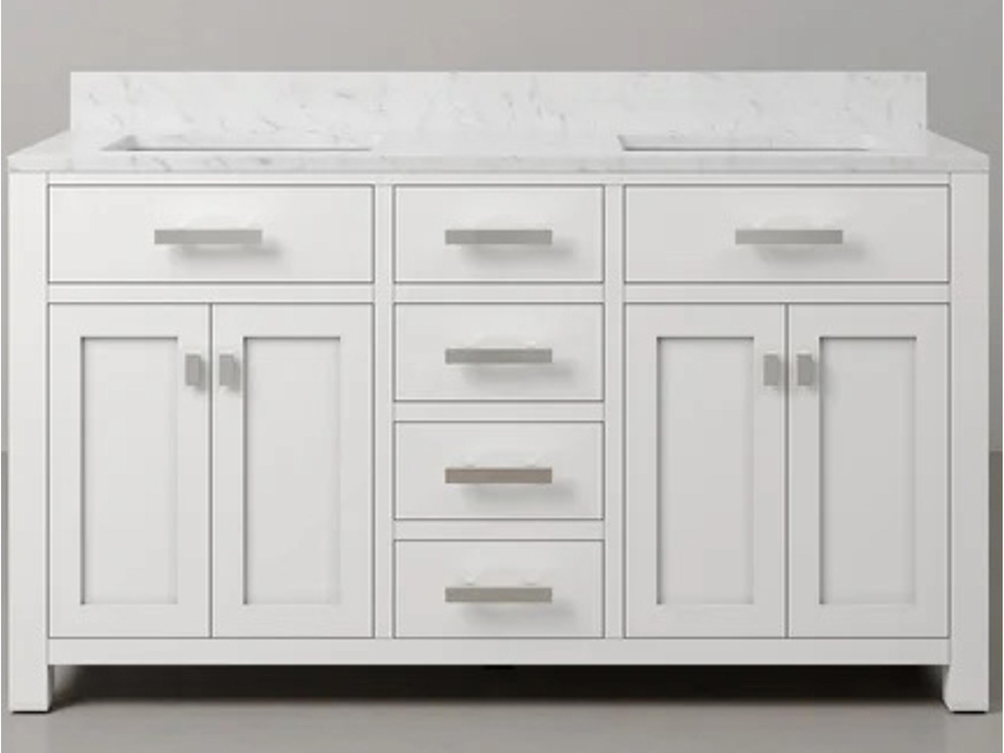 Madison Double Sink Carrara White Marble Countertop Bath Vanity in Pure White