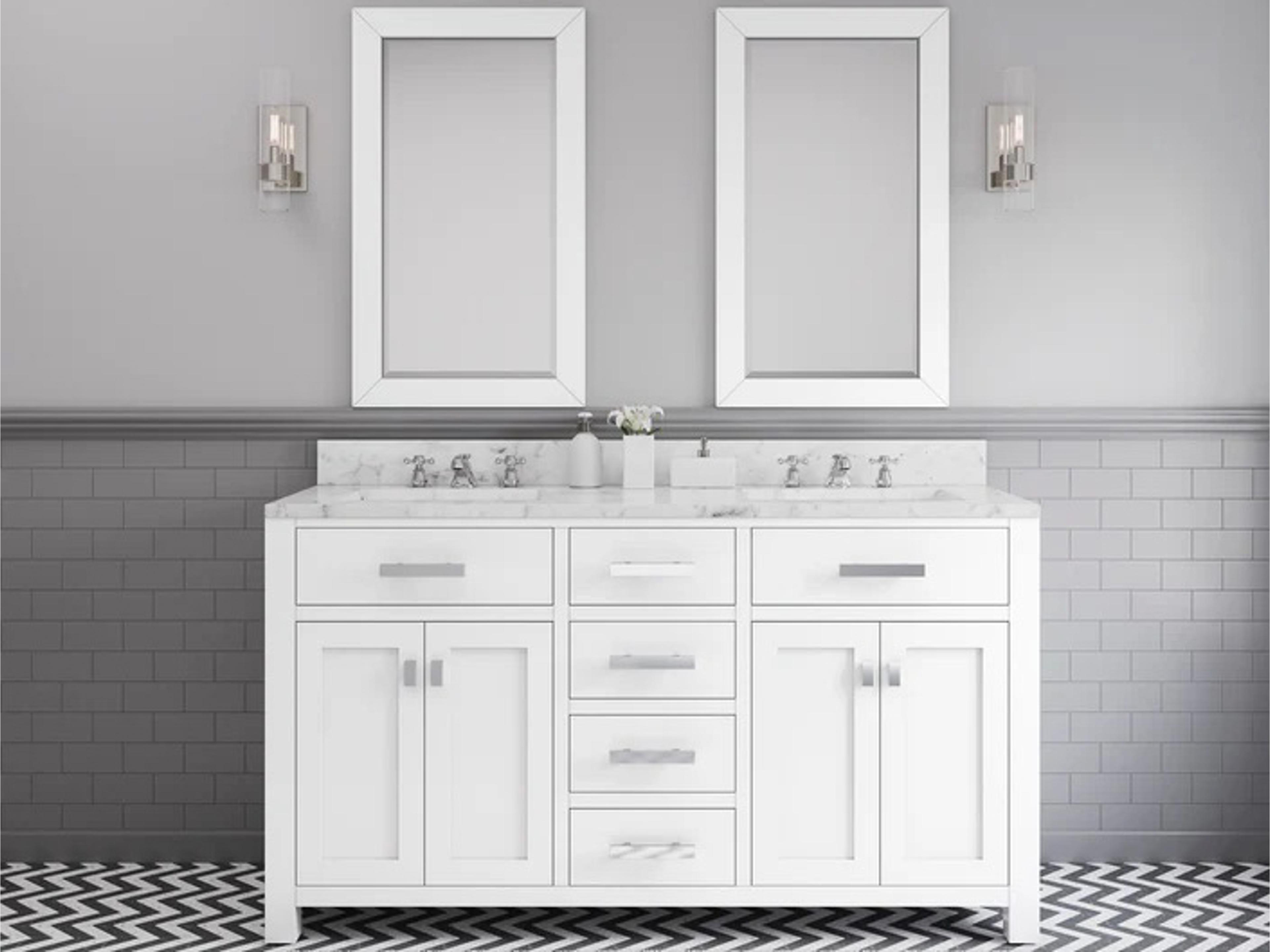 Water Creation Madison Double Sink Carrara White Marble Countertop Bath Vanity in Pure White
