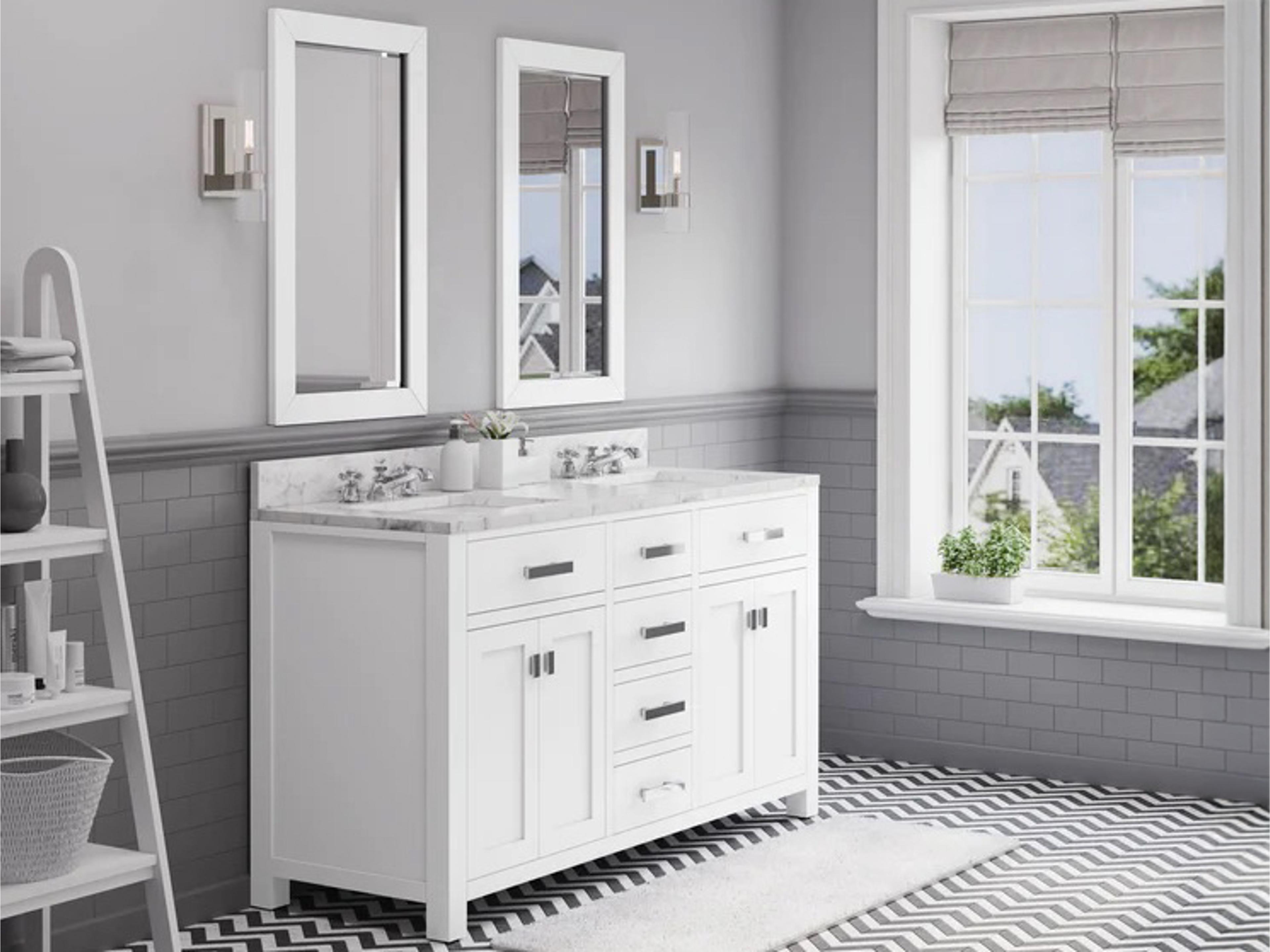 Water Creation Madison Double Sink Carrara White Marble Countertop Bath Vanity in Pure White