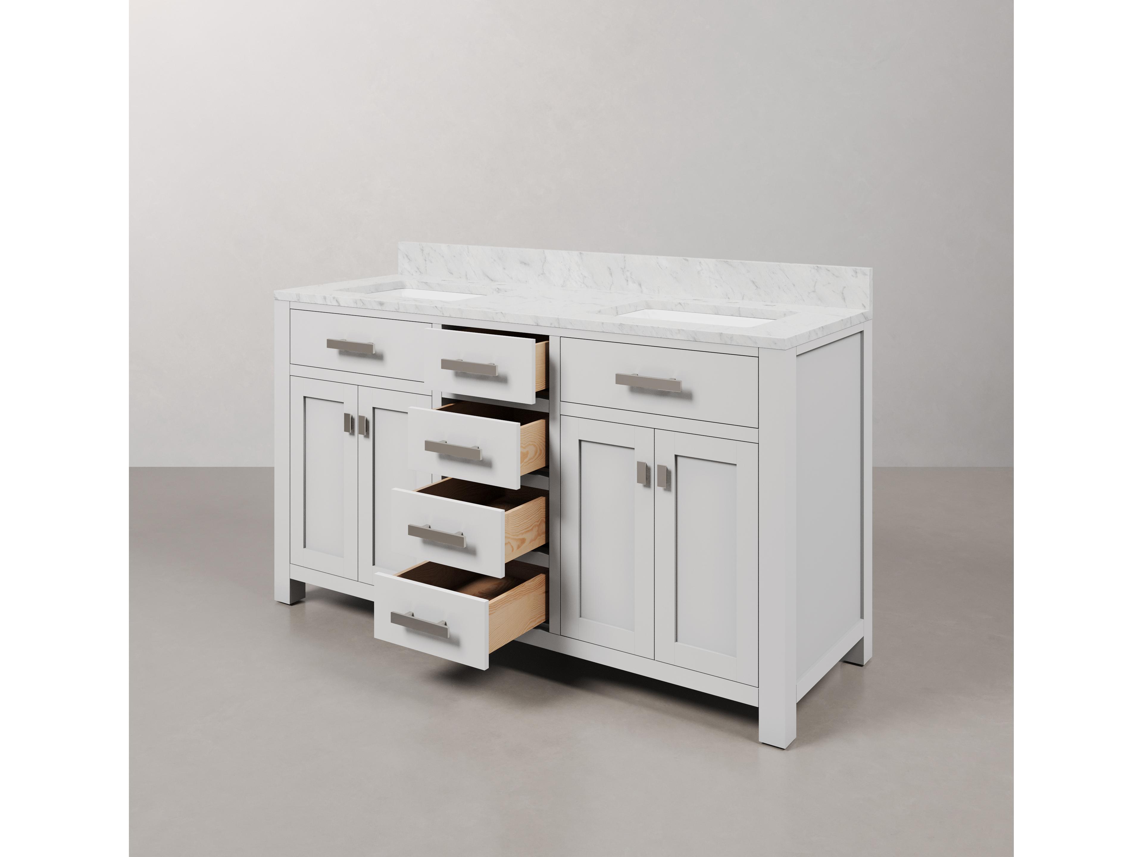 Water Creation Madison Double Sink Carrara White Marble Countertop Bath Vanity in Pure White