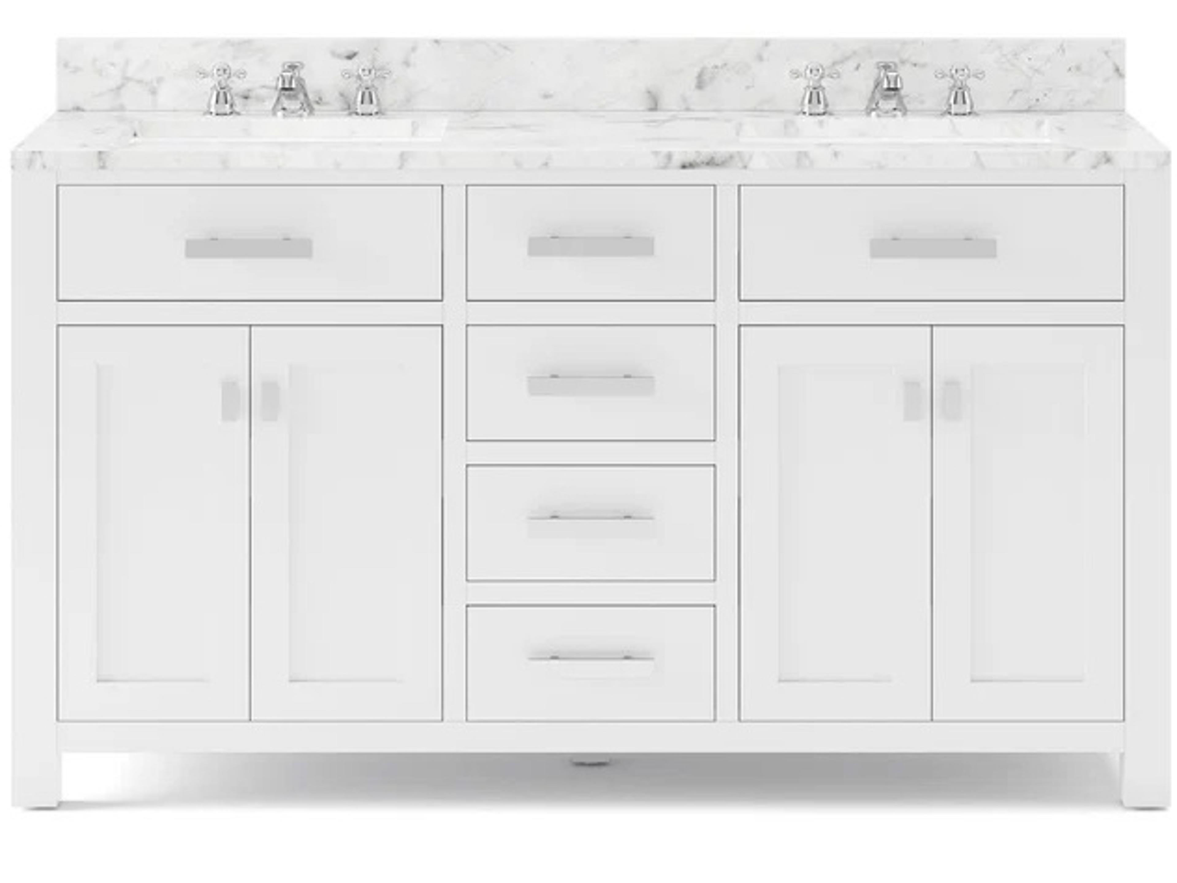 Madison Double Sink Carrara White Marble Countertop Bath Vanity in Pure White with Chrome Hardware and Classic Faucets