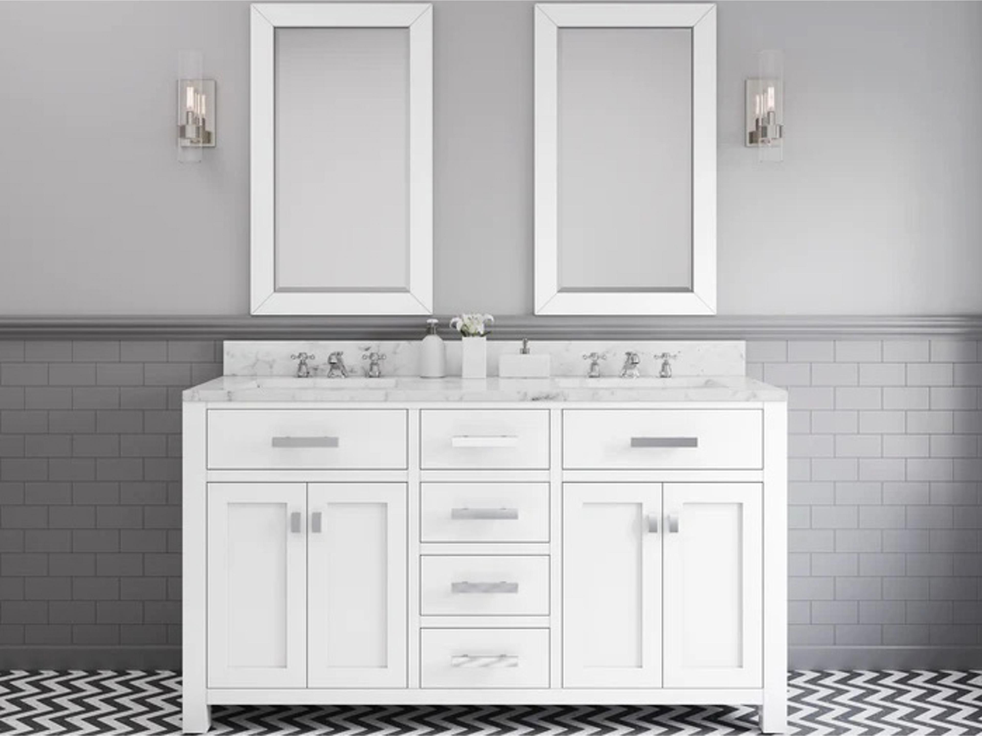 Water Creation Madison Double Sink Carrara White Marble Countertop Bath Vanity in Pure White with Chrome Hardware and Classic Faucets