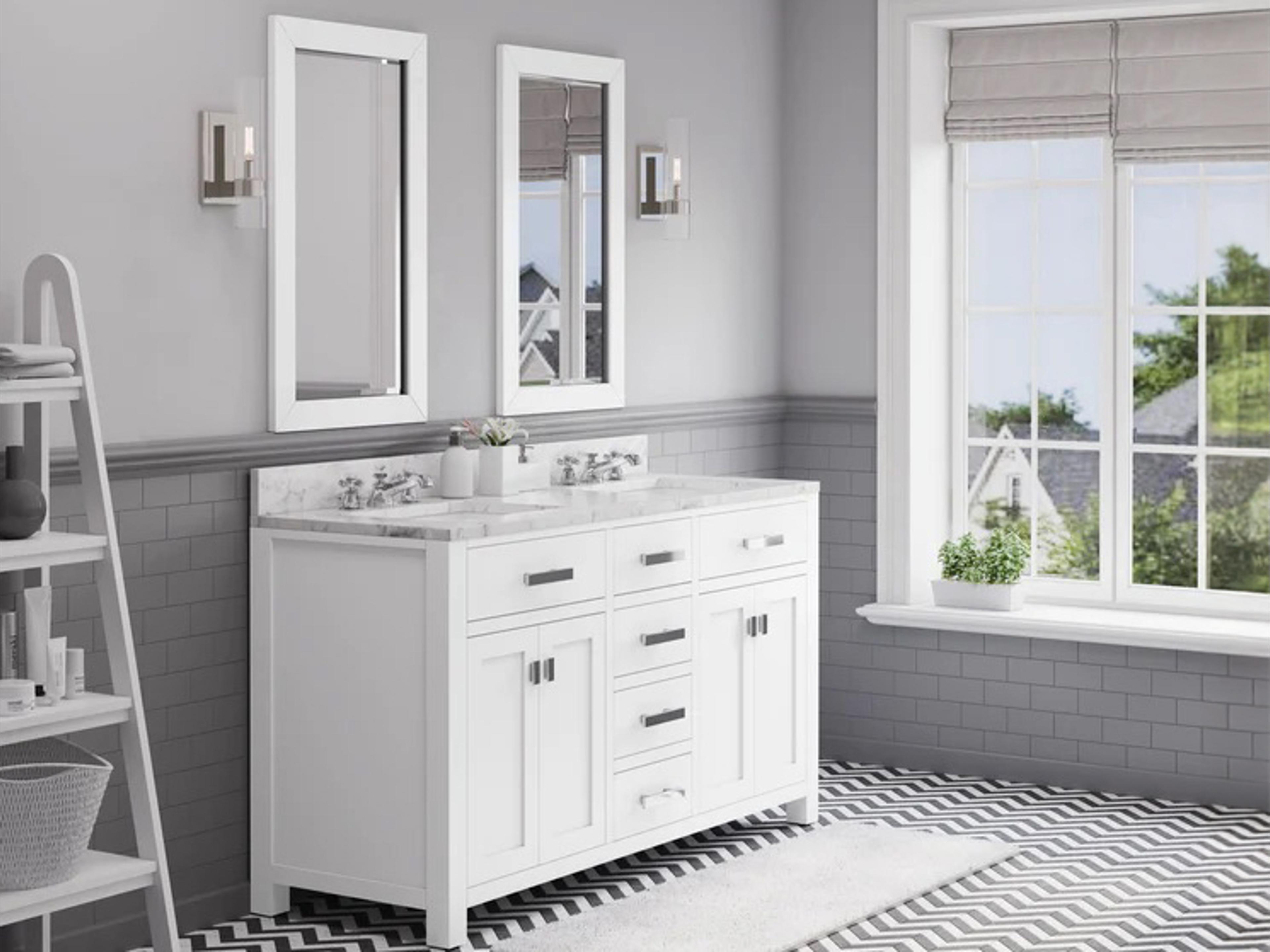 Water Creation Madison Double Sink Carrara White Marble Countertop Bath Vanity in Pure White with Chrome Hardware and Classic Faucets
