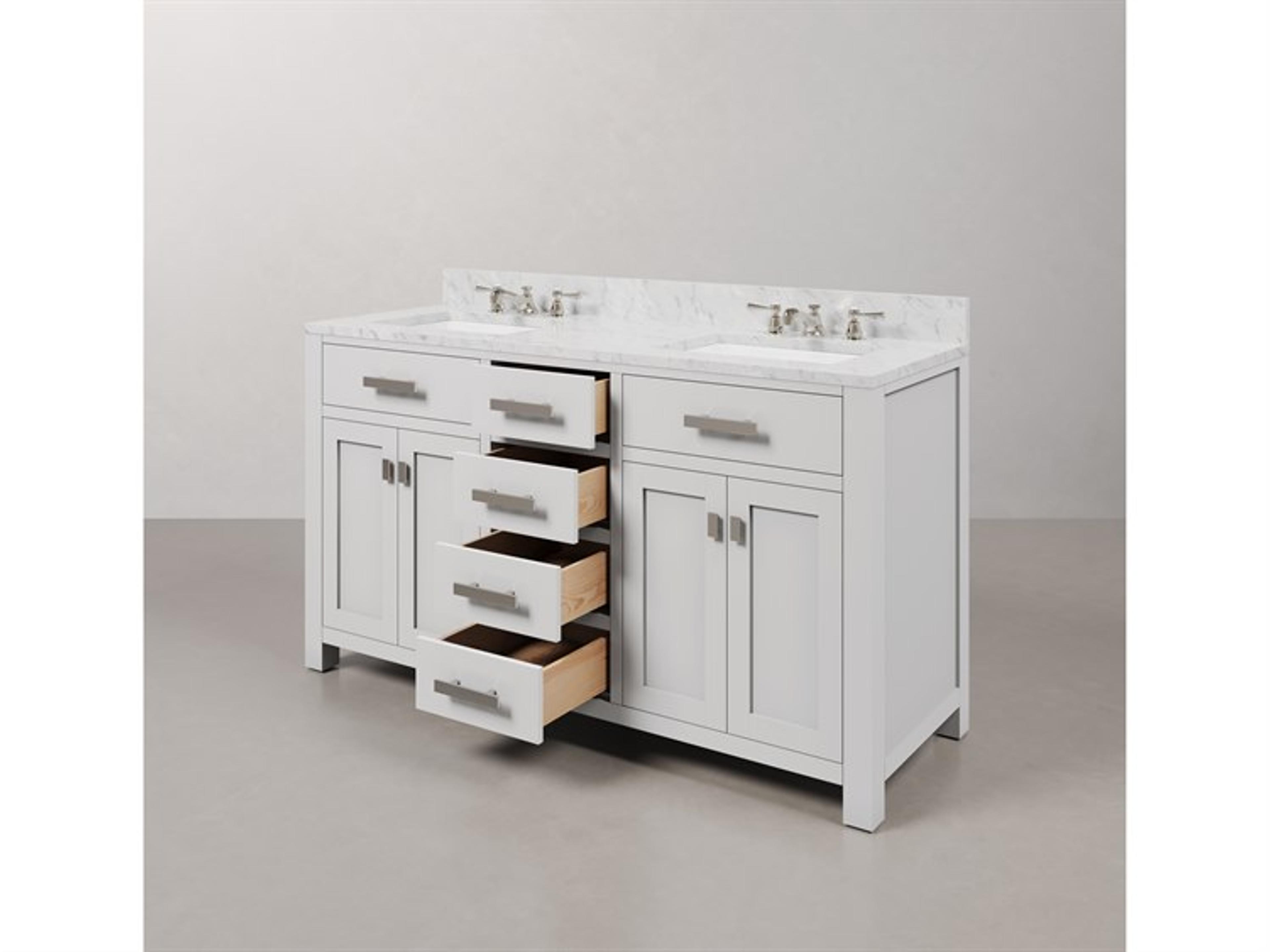 Water Creation Madison Double Sink Carrara White Marble Countertop Bath Vanity in Pure White with Chrome Hardware and Classic Faucets