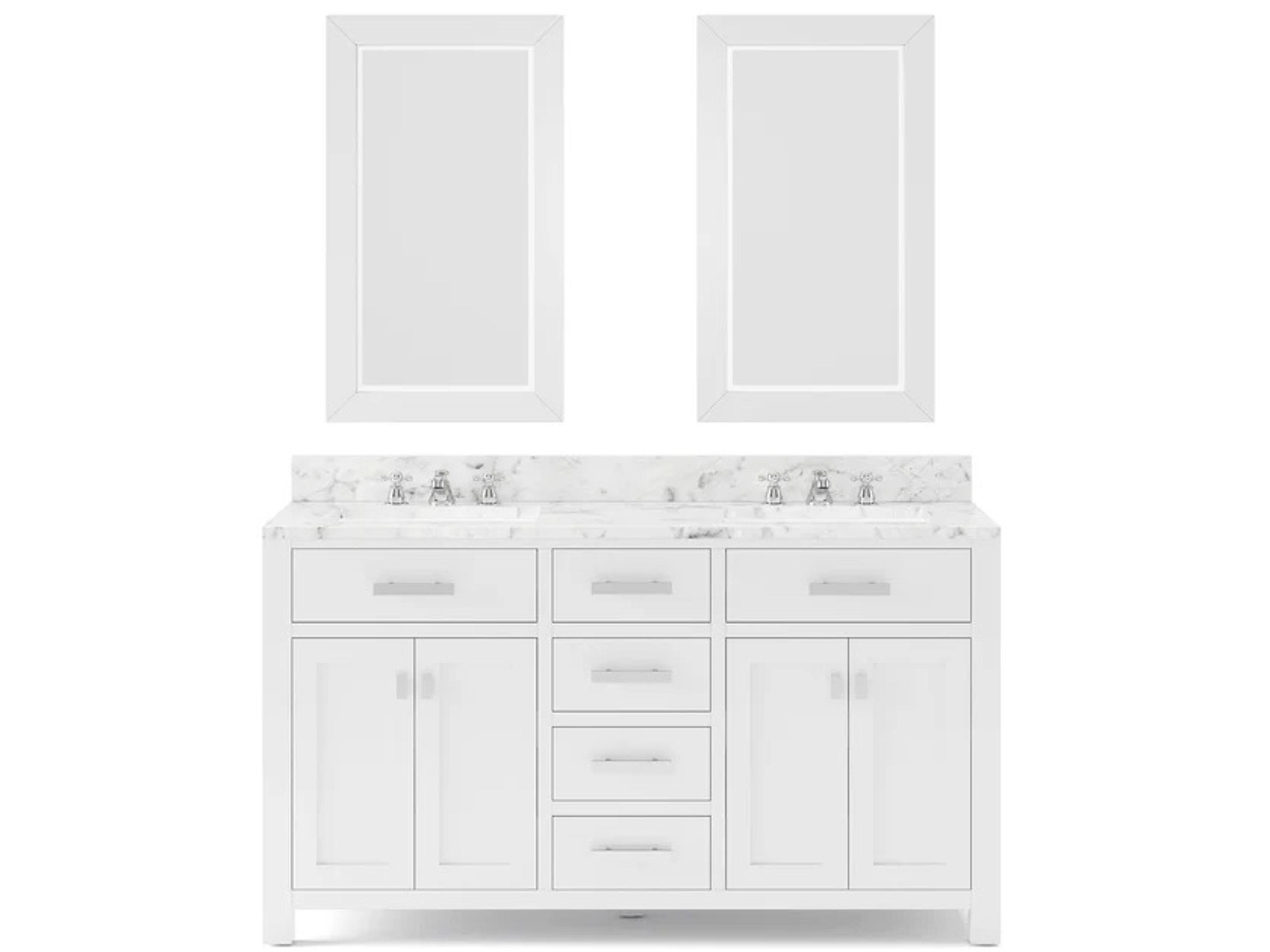 Madison Double Sink Carrara White Marble Countertop Bath Vanity in Pure White with Chrome Hardware, Classic Faucets and Rectangular Mirrors (S)