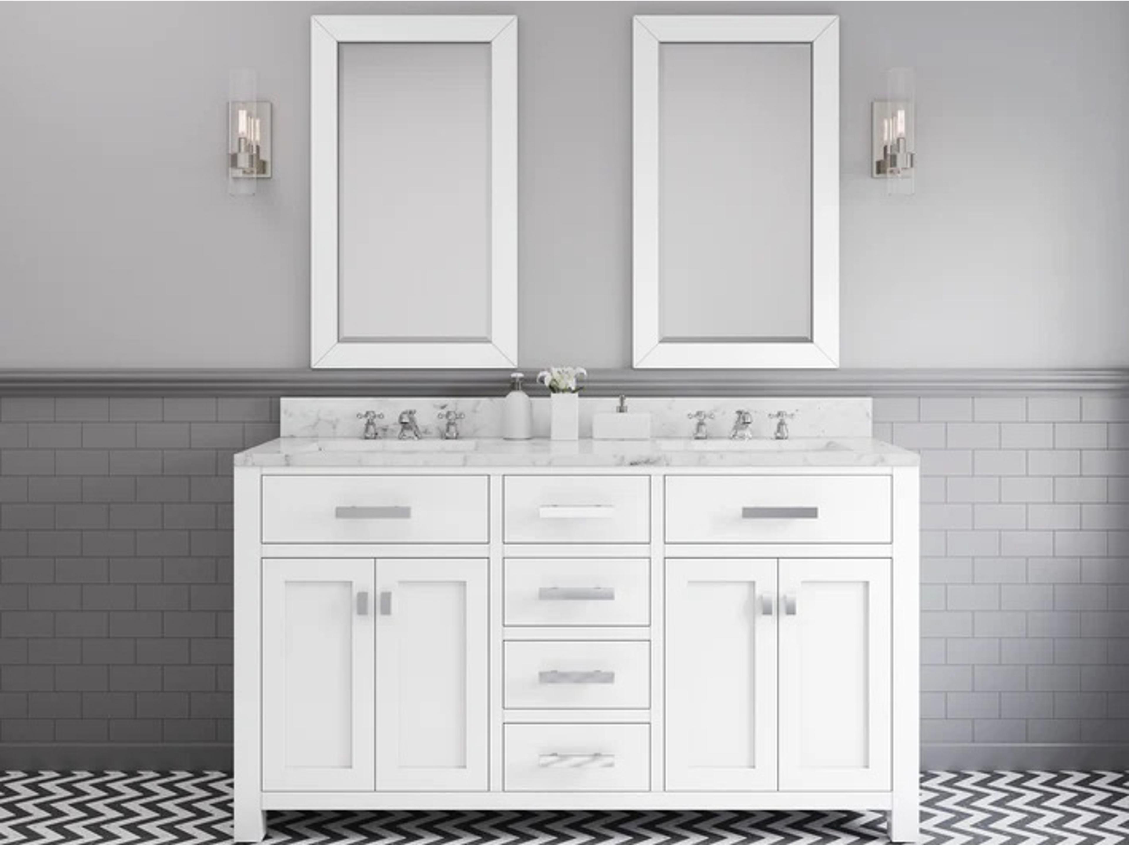 Water Creation Madison Double Sink Carrara White Marble Countertop Bath Vanity in Pure White with Chrome Hardware, Classic Faucets and Rectangular Mirrors (S)