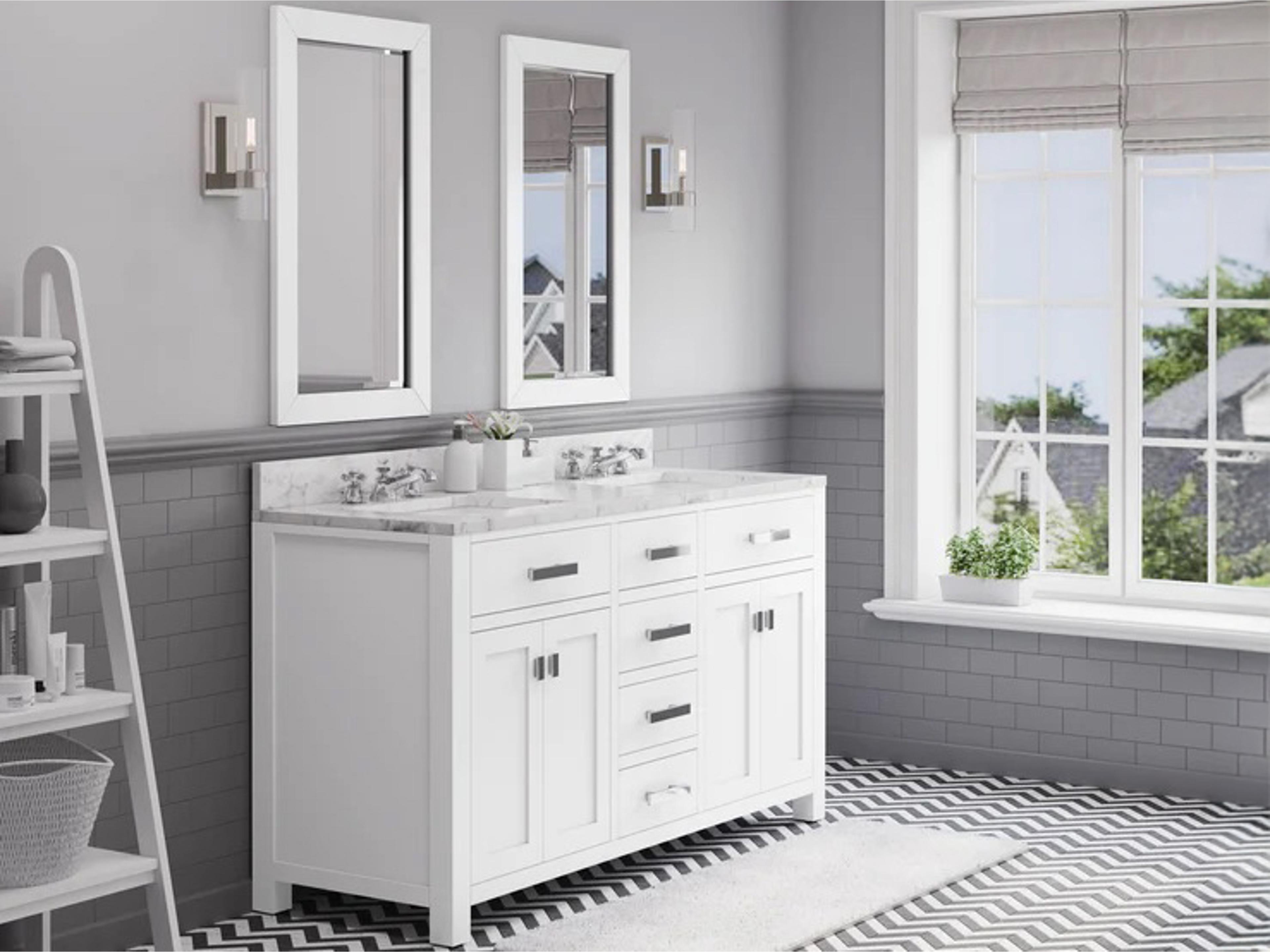 Water Creation Madison Double Sink Carrara White Marble Countertop Bath Vanity in Pure White with Chrome Hardware, Classic Faucets and Rectangular Mirrors (S)