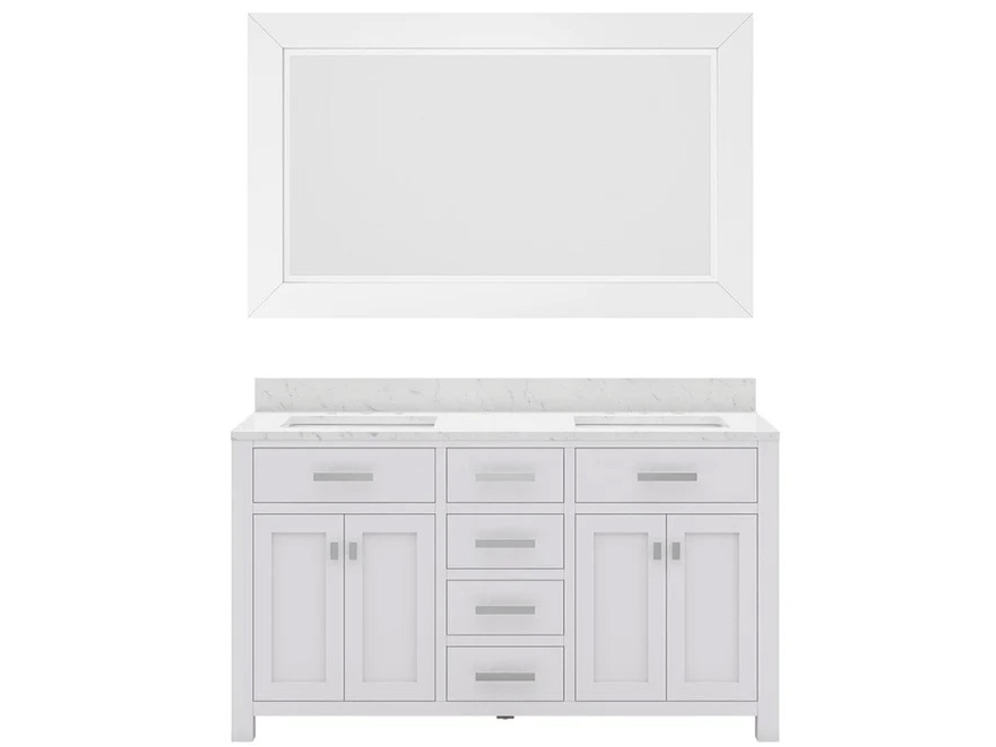 Madison Double Sink Carrara White Marble Countertop Bath Vanity in Pure White with Rectangular Mirror (L)