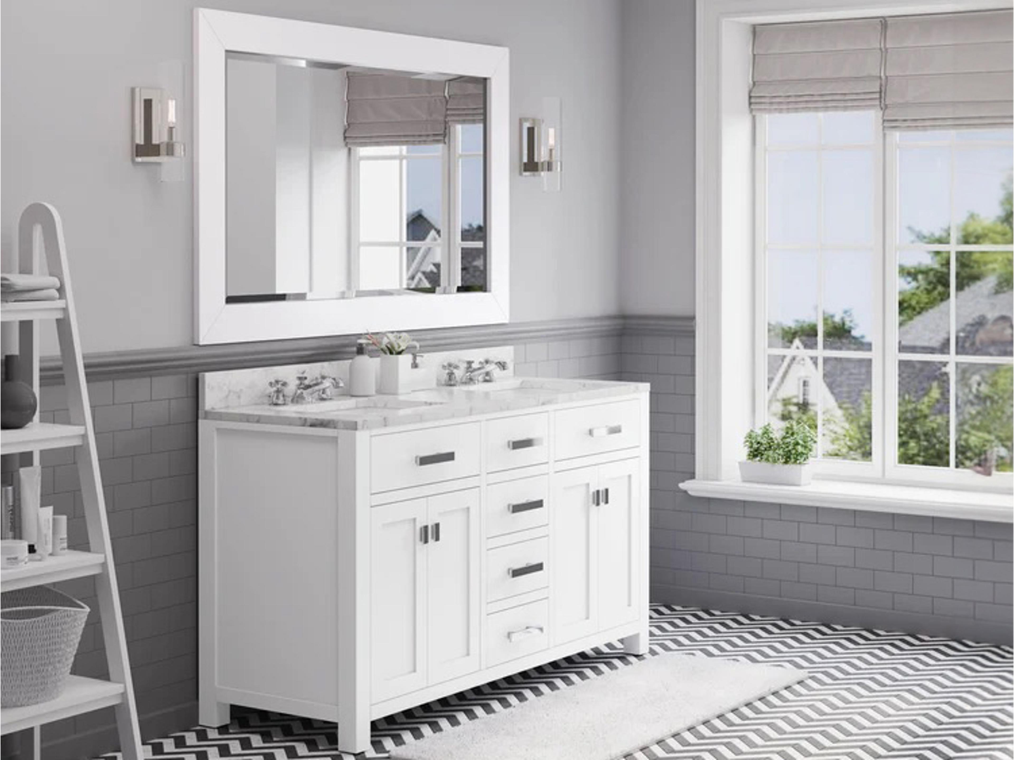 Water Creation Madison Double Sink Carrara White Marble Countertop Bath Vanity in Pure White with Rectangular Mirror (L)