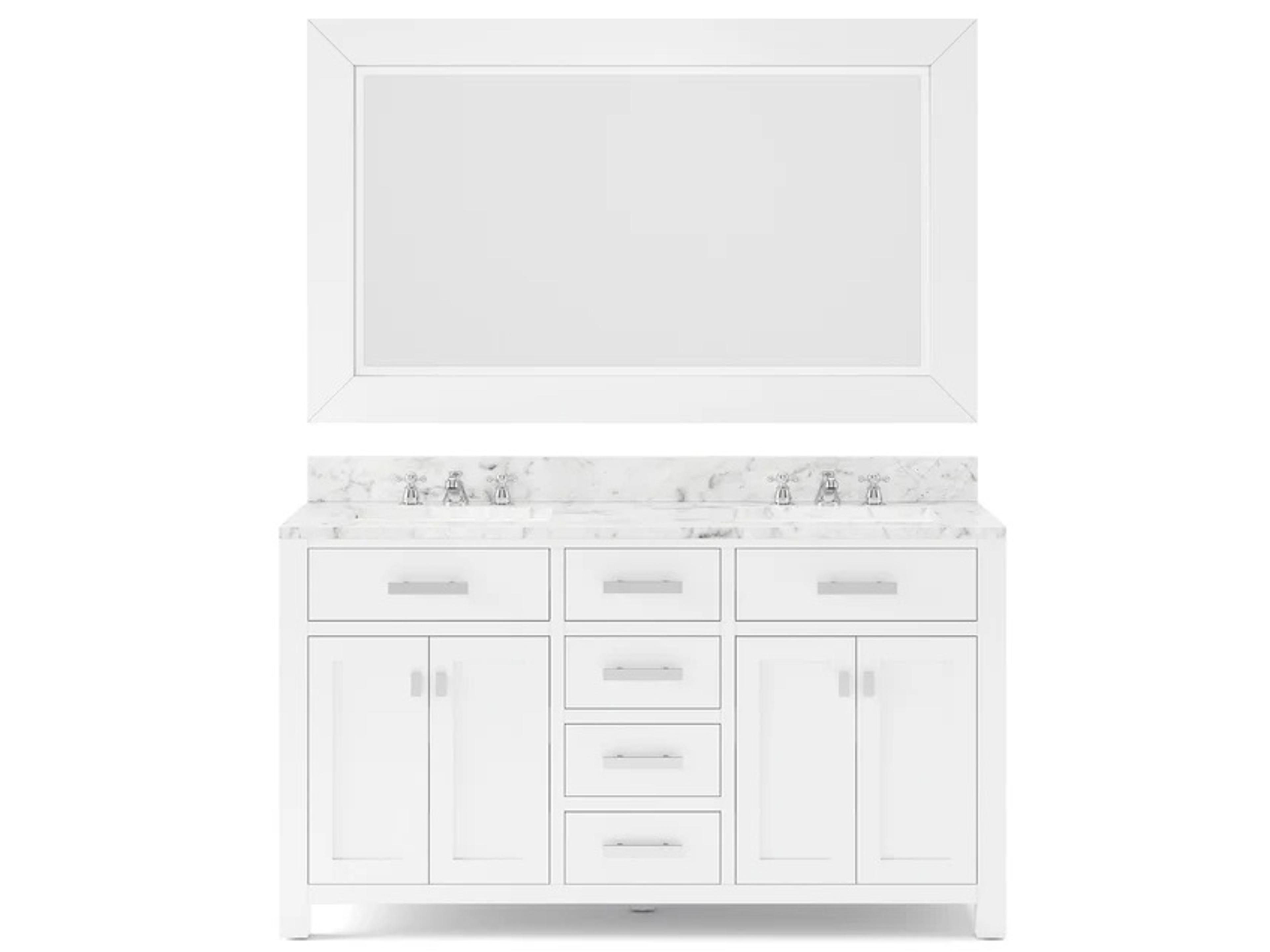 Water Creation Madison Double Sink Carrara White Marble Countertop Bath Vanity in Pure White with Chrome Hardware, Classic Faucets and Rectangular Mirror (L)