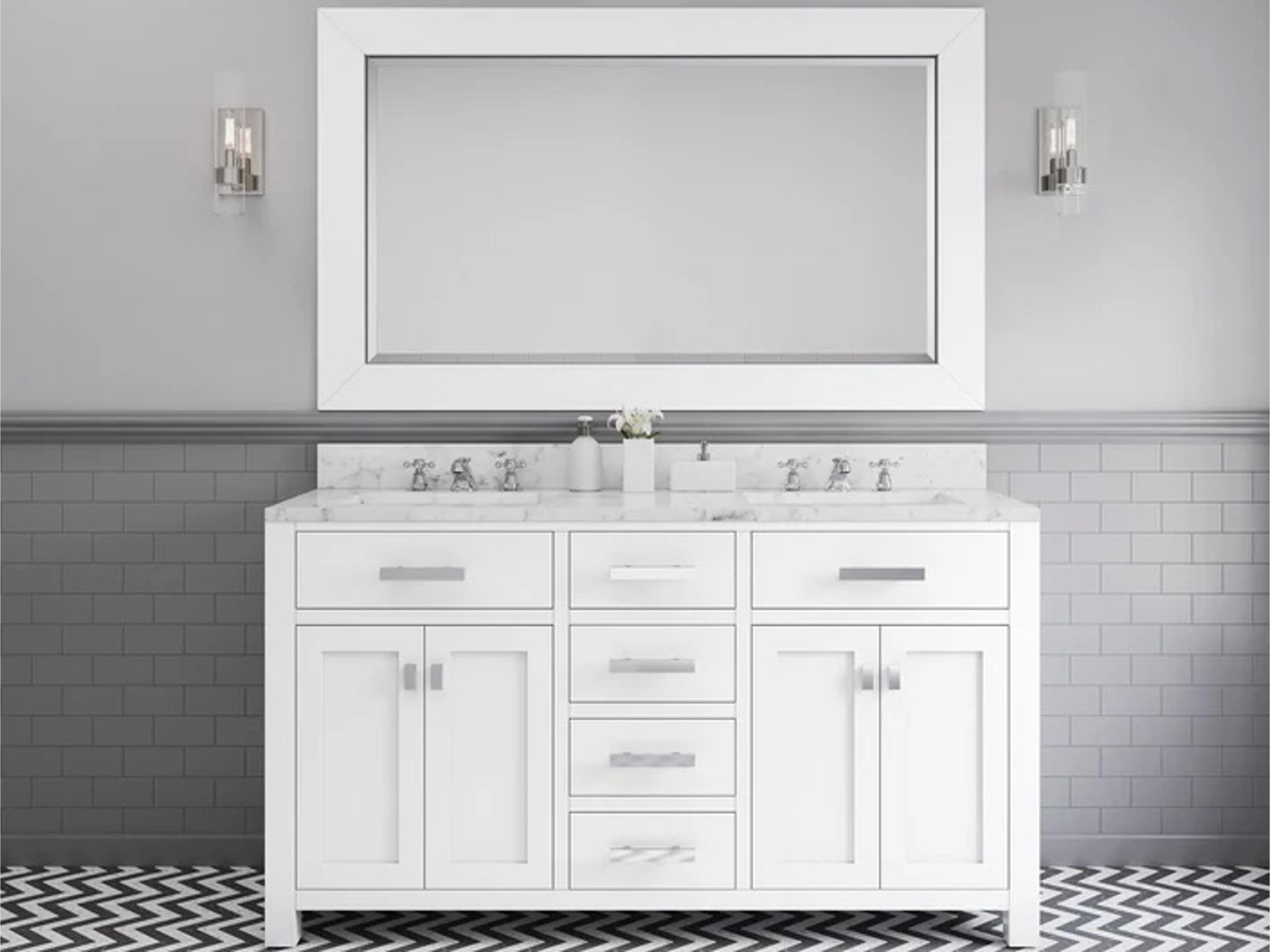 Water Creation Madison Double Sink Carrara White Marble Countertop Bath Vanity in Pure White with Chrome Hardware, Classic Faucets and Rectangular Mirror (L)