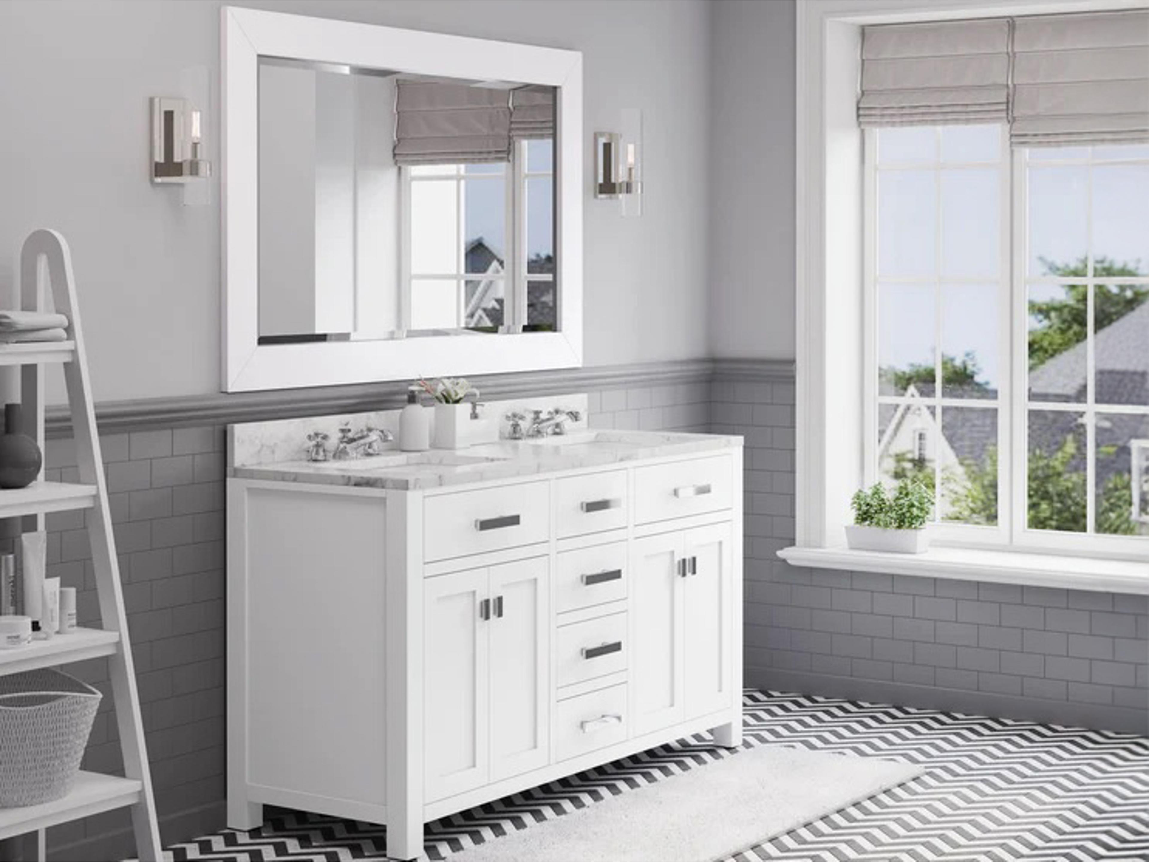 Water Creation Madison Double Sink Carrara White Marble Countertop Bath Vanity in Pure White with Chrome Hardware, Classic Faucets and Rectangular Mirror (L)